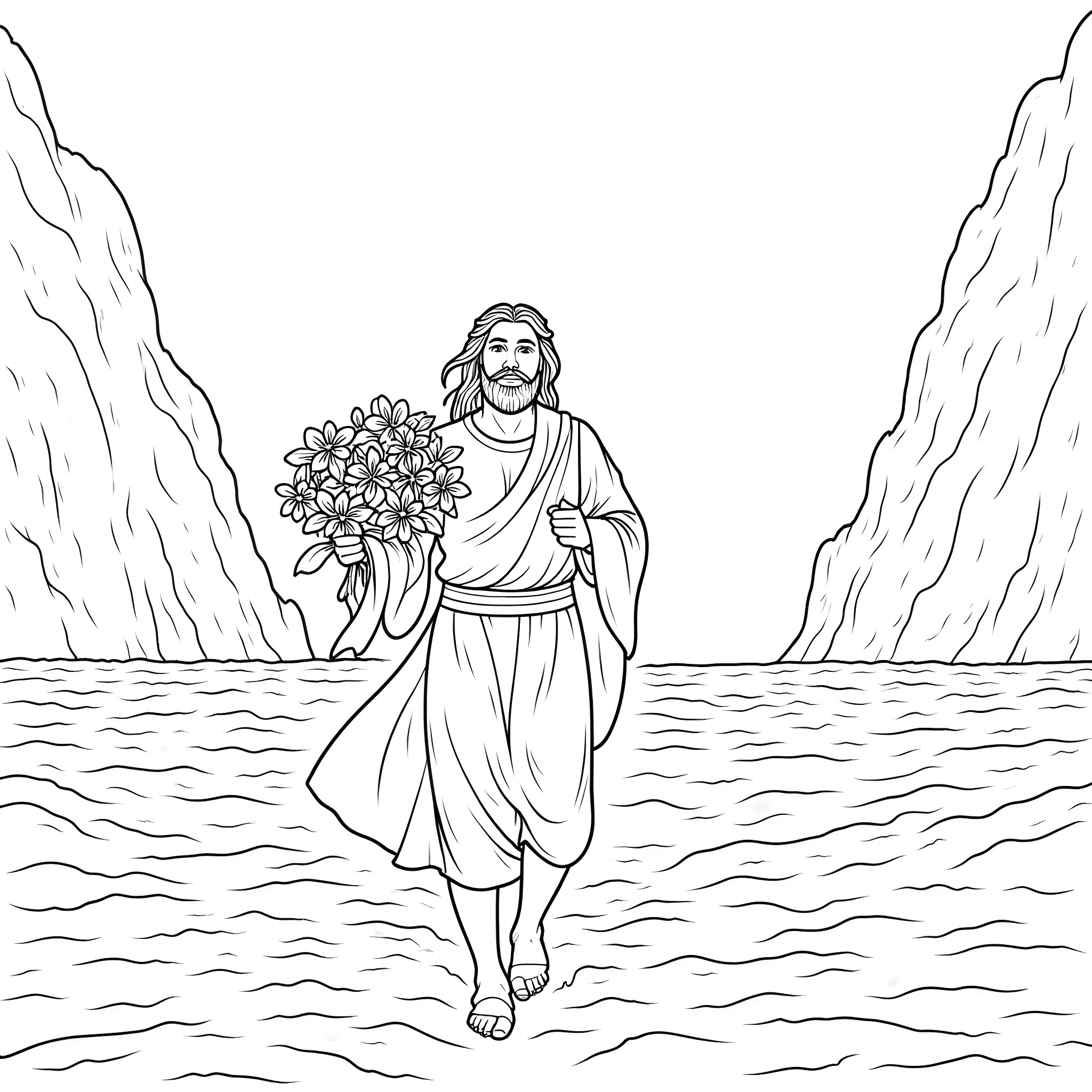 Moses walking on water with a bouquet of flowers Coloring Page (free black-and-white line drawing printable PDF for all, from beginners to advanced learners, including children, teens, adults, and seniors)