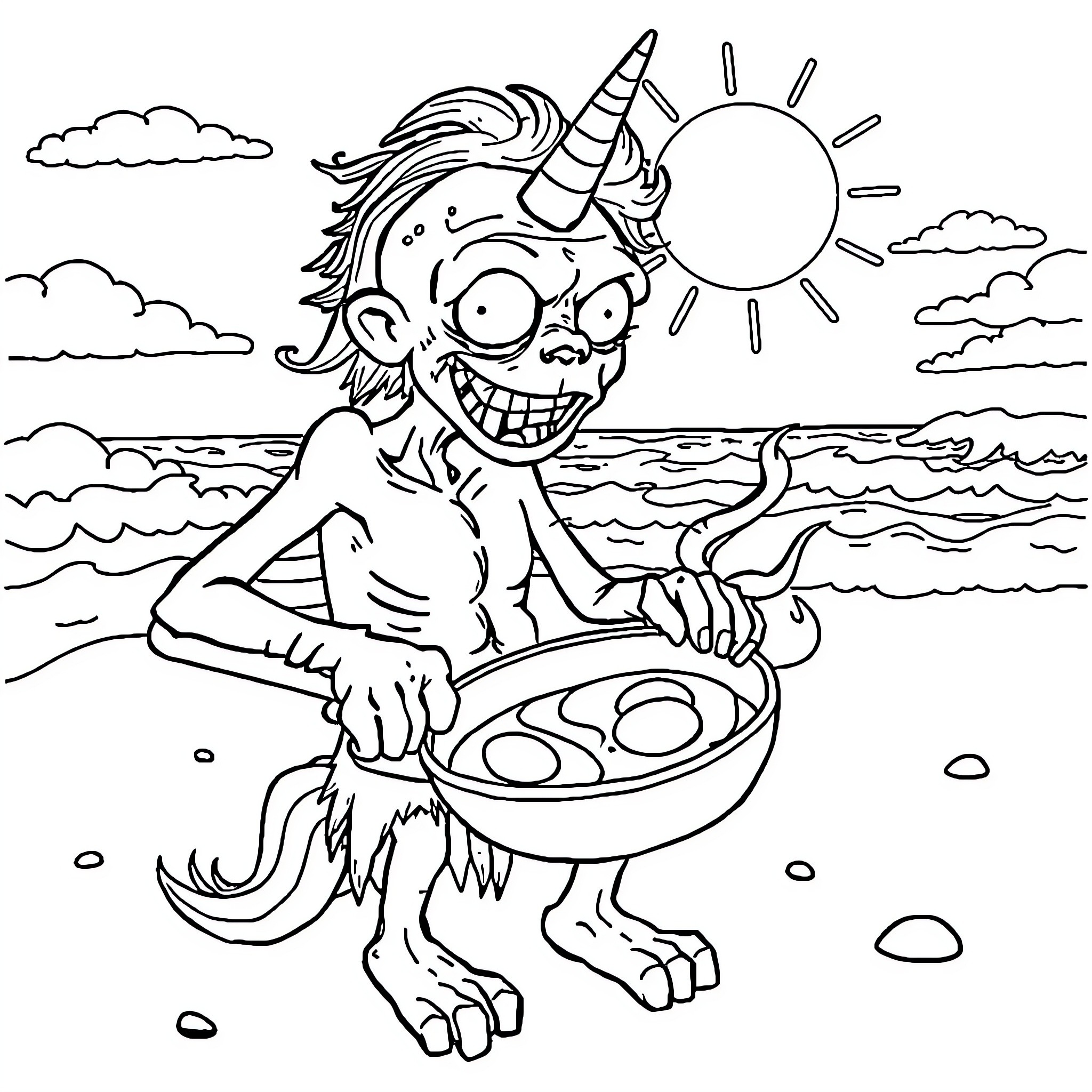 Zombie Unicorn Cooking Eggs at the Beach Coloring Page (free black-and-white line drawing printable PDF for all, from beginners to advanced learners, including children, teens, adults, and seniors)