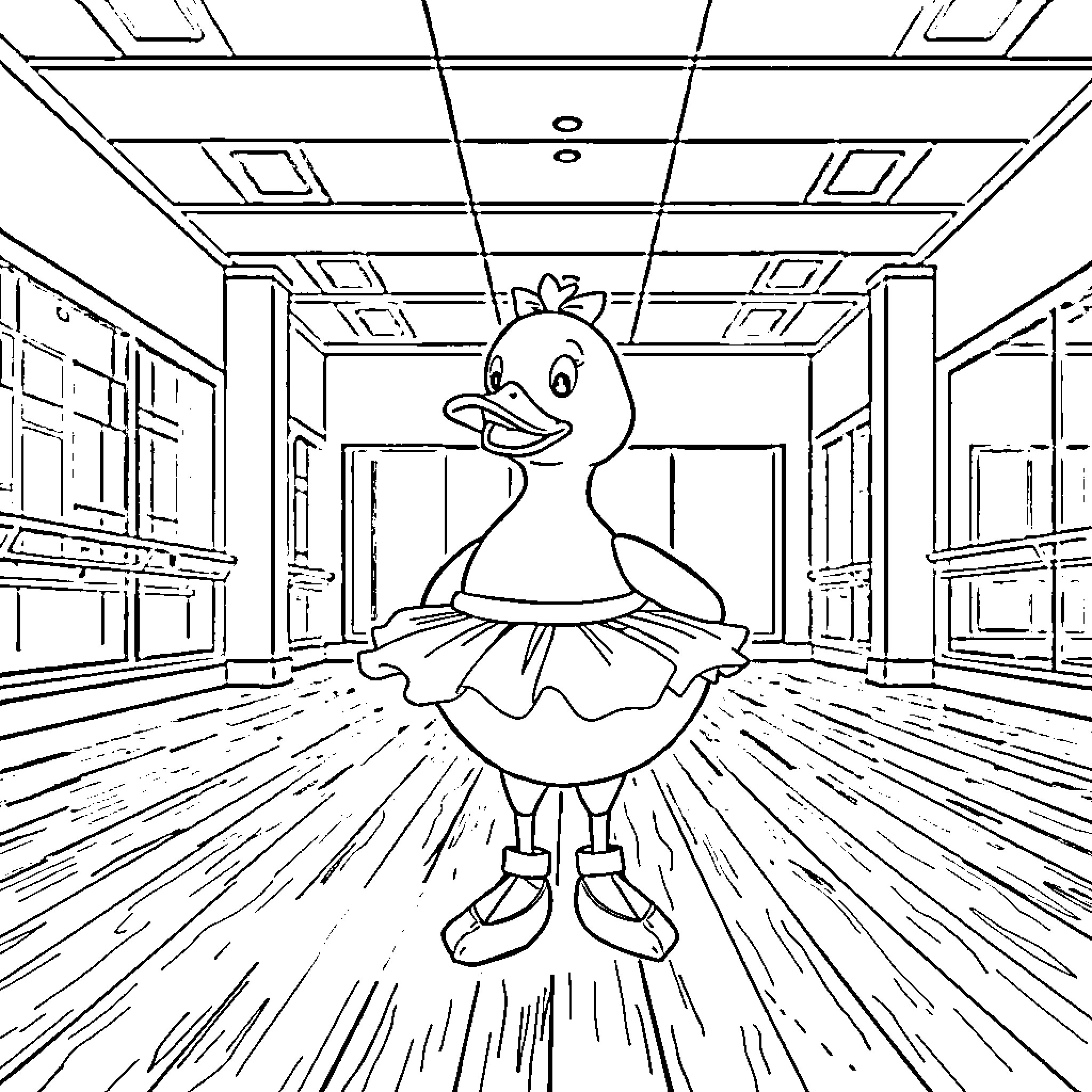 Rubber Duck Ballerina Dancing in Classroom Coloring Page (free black-and-white line drawing printable PDF for all, from beginners to advanced learners, including children, teens, adults, and seniors)