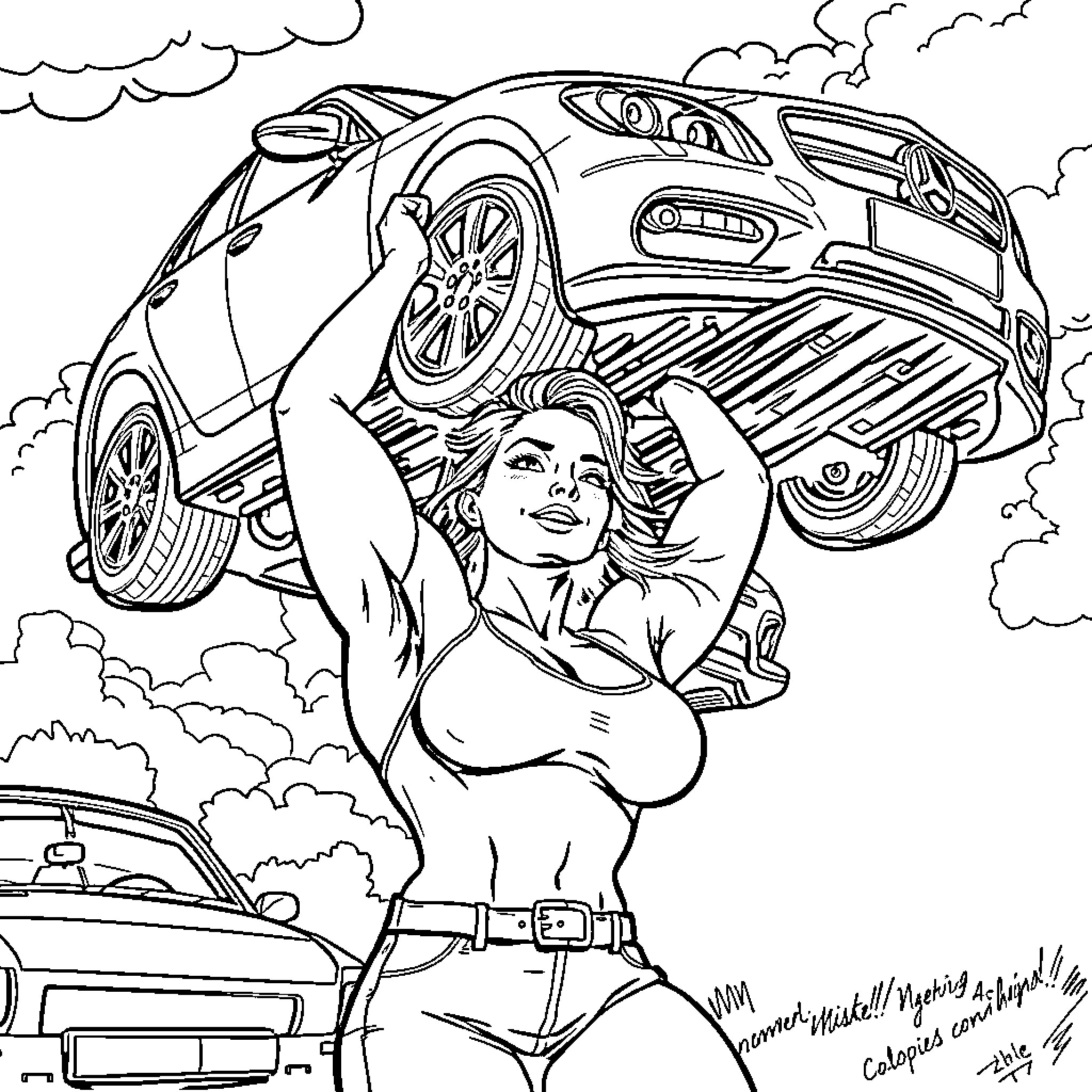 Woman posing powerfully with an automotive scene Coloring Page (free black-and-white line drawing printable PDF for all, from beginners to advanced learners, including children, teens, adults, and seniors)