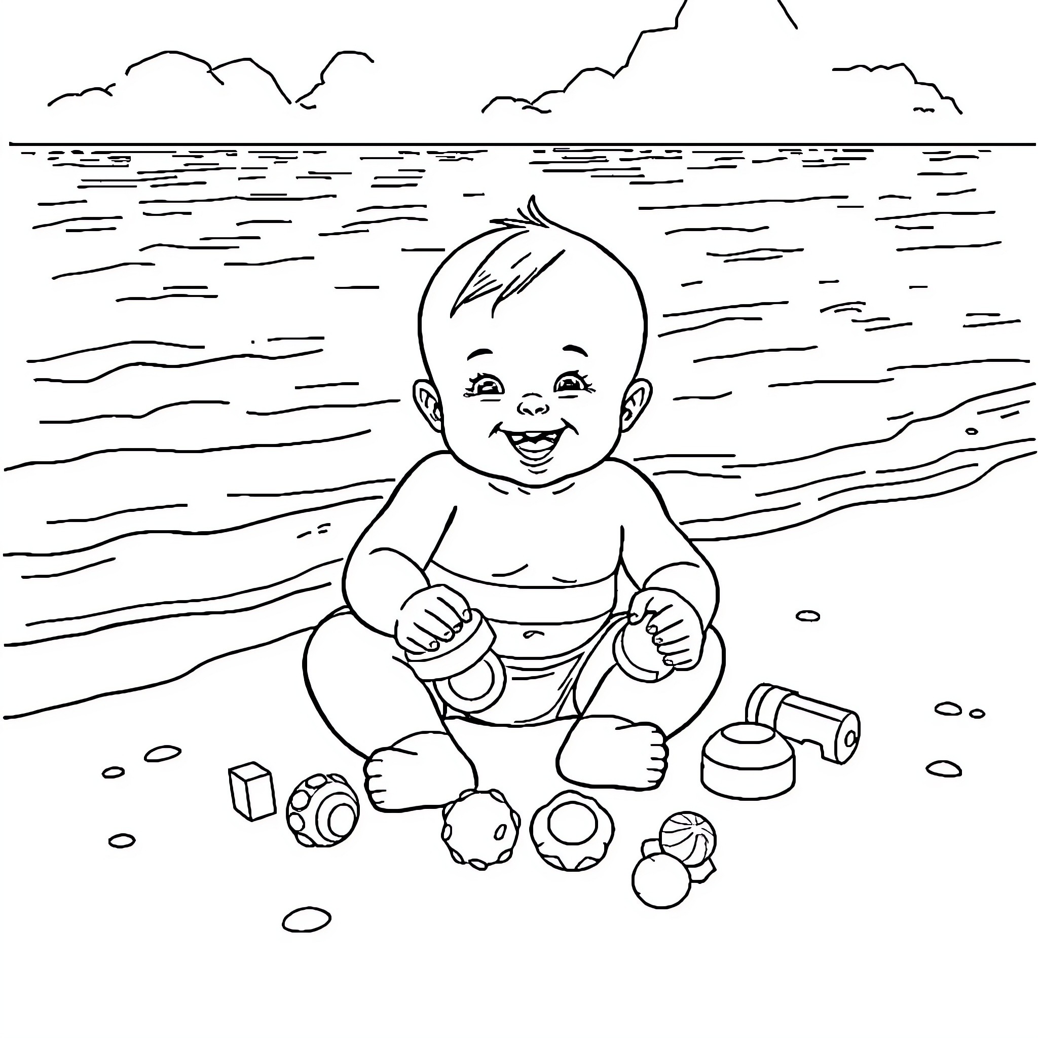 Baby playing happily on the beach Coloring Page (free black-and-white line drawing printable PDF for all, from beginners to advanced learners, including children, teens, adults, and seniors)