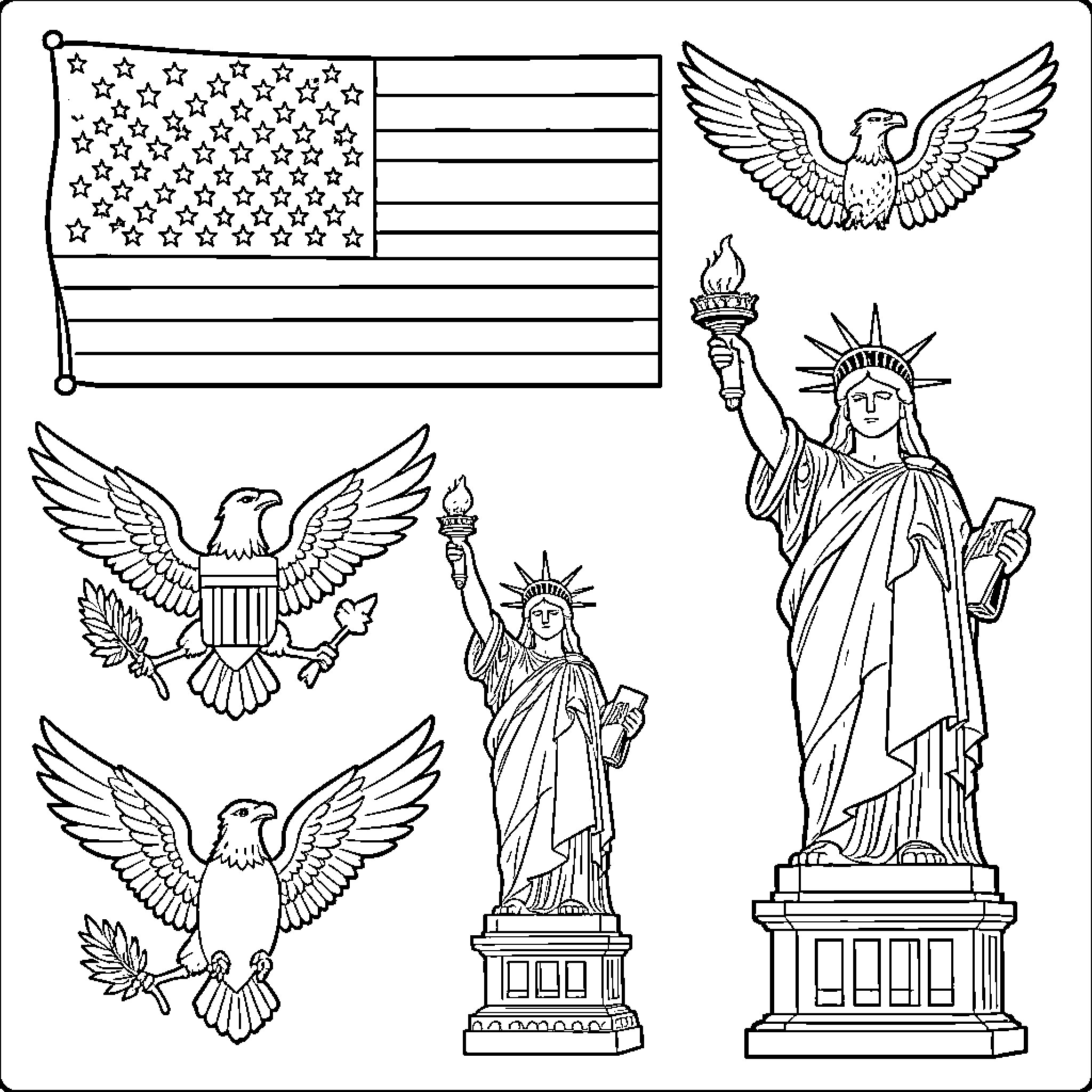United States Symbols featuring the flag, eagles, and statue Coloring Page (free black-and-white line drawing printable PDF for all, from beginners to advanced learners, including children, teens, adults, and seniors)