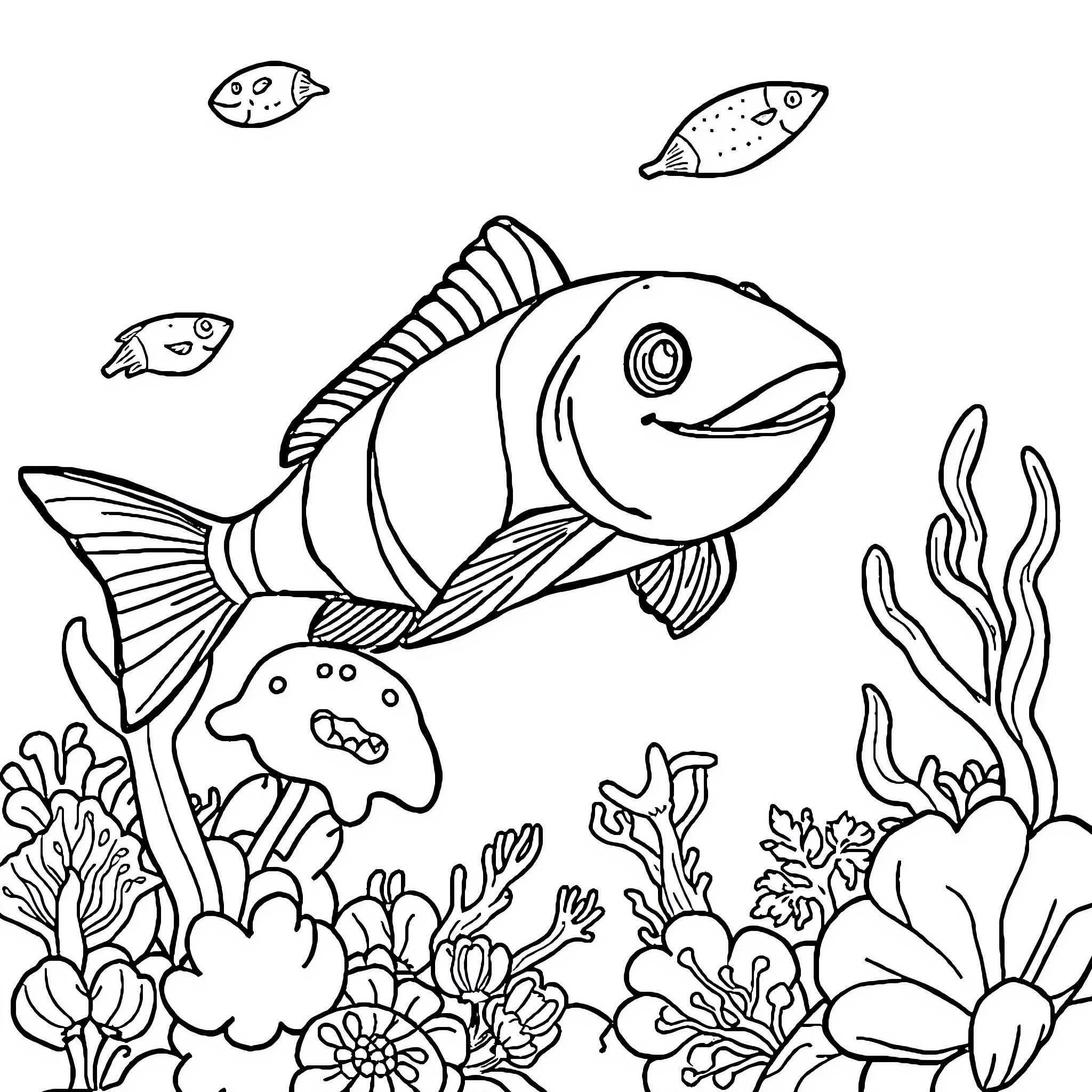 Sea Animal swimming among ocean flora Coloring Page (free black-and-white line drawing printable PDF for all, from beginners to advanced learners, including children, teens, adults, and seniors)
