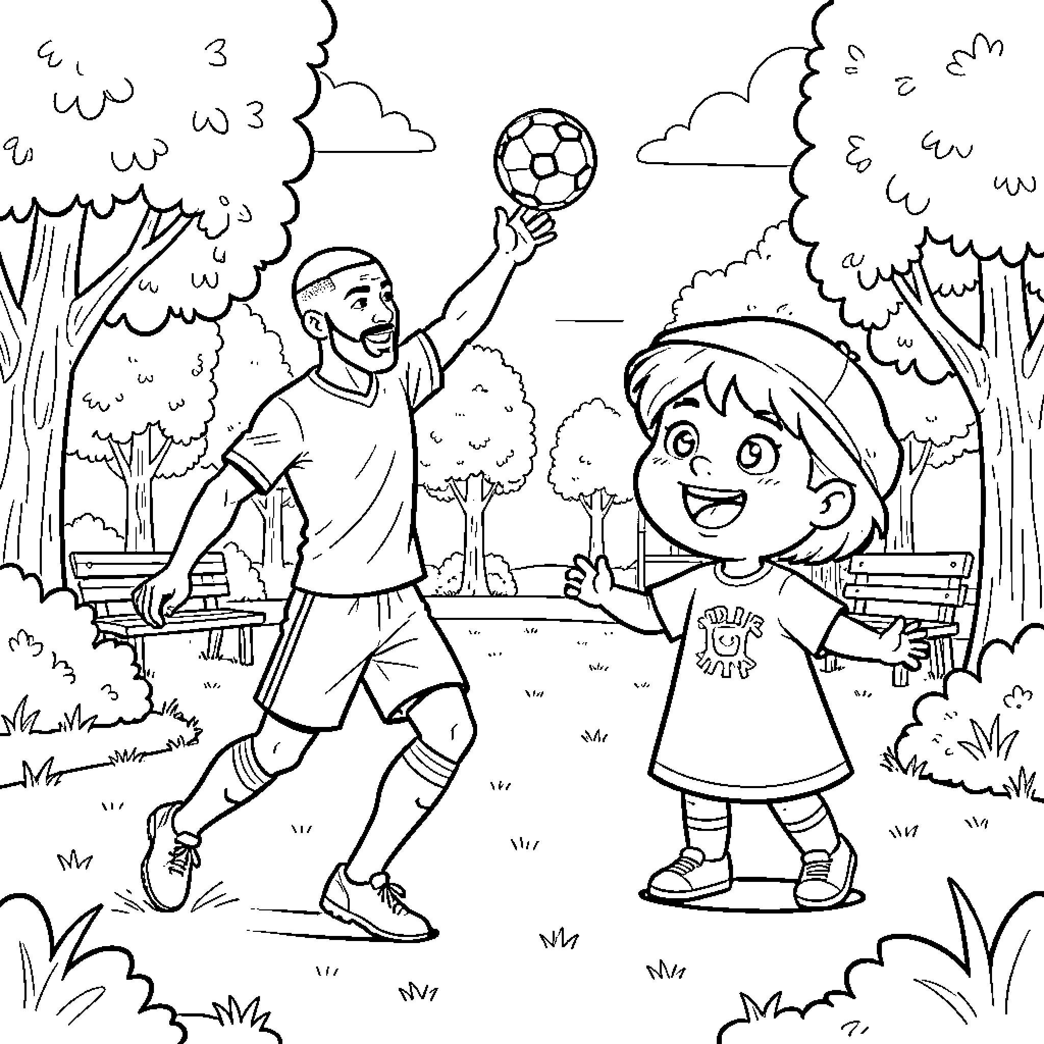 Mbappe playing soccer with a happy child in park Coloring Page (free black-and-white line drawing printable PDF for all, from beginners to advanced learners, including children, teens, adults, and seniors)
