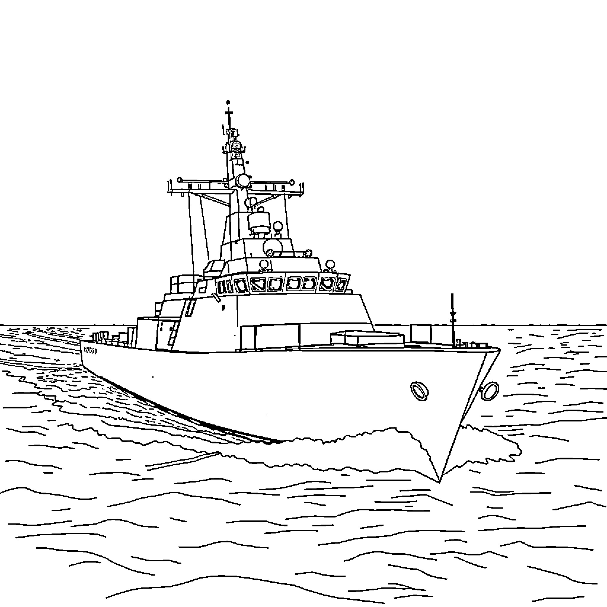 Frigate navigating the open waters Coloring Page (free black-and-white line drawing printable PDF for all, from beginners to advanced learners, including children, teens, adults, and seniors)