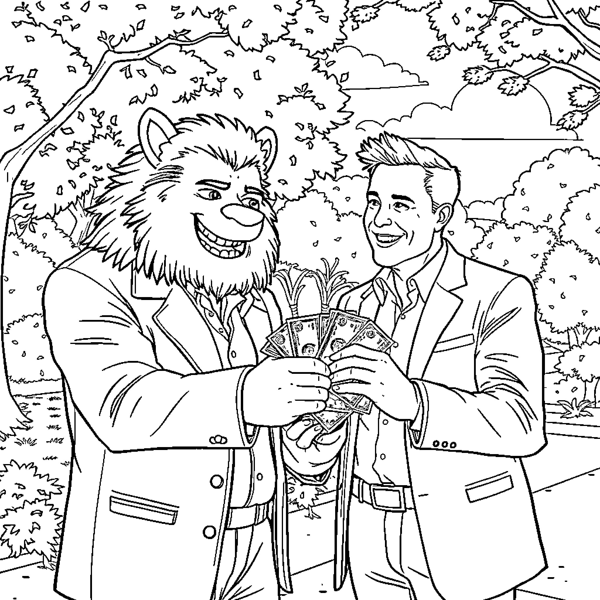 Elon Musk and a furry creature in formal attire Coloring Page (free black-and-white line drawing printable PDF for all, from beginners to advanced learners, including children, teens, adults, and seniors)