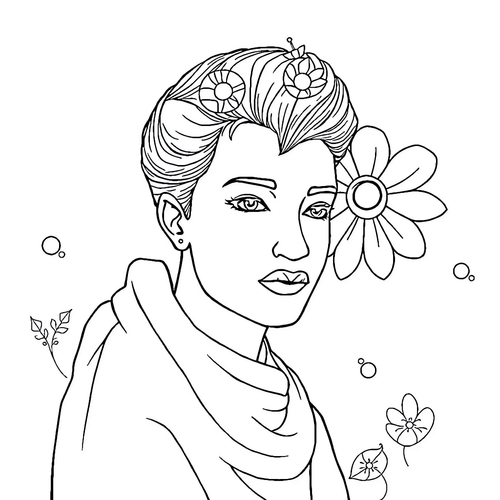 Spider-Man Inspired Portrait with Floral Accents Coloring Page (free black-and-white line drawing printable PDF for all, from beginners to advanced learners, including children, teens, adults, and seniors)