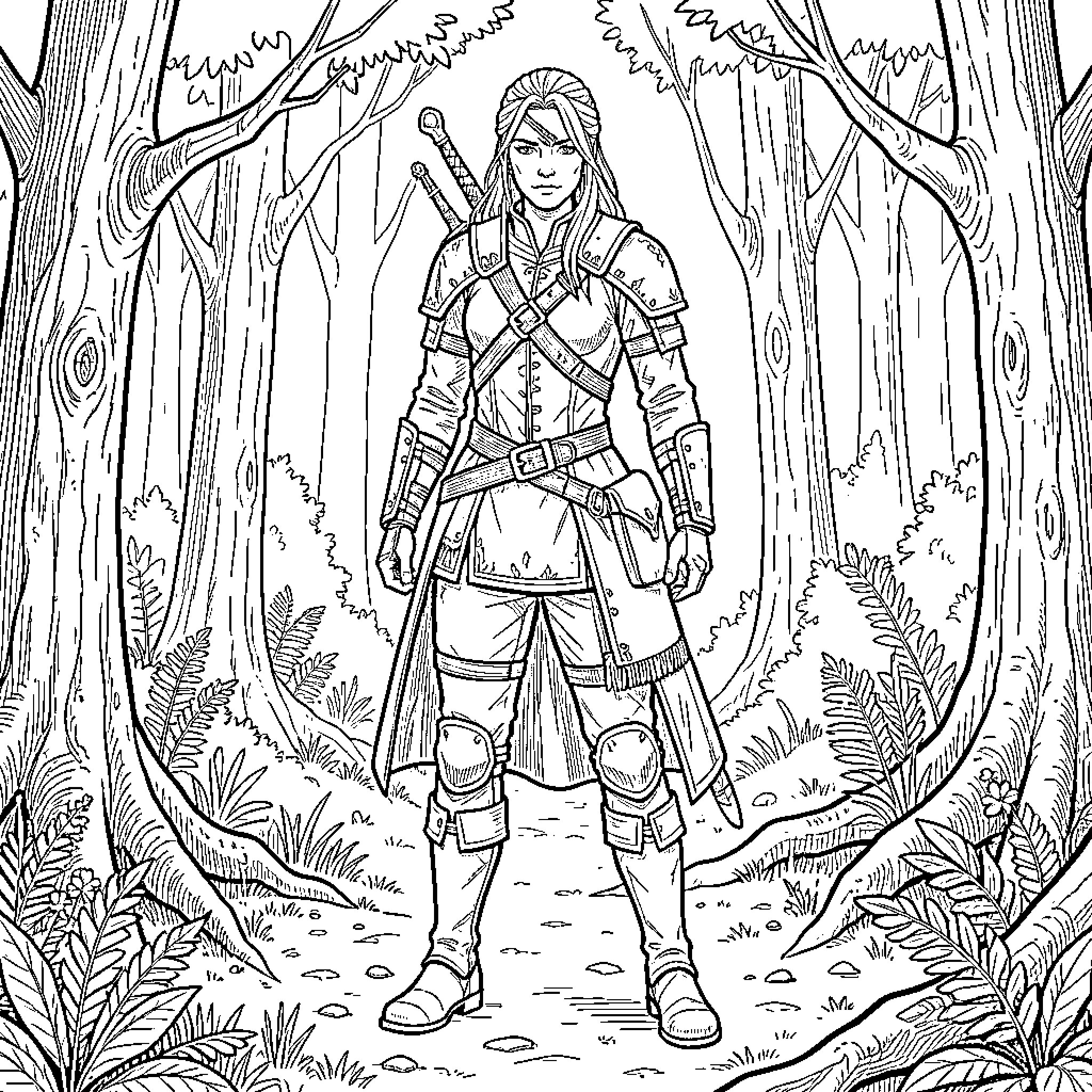 Ciri standing heroically in a dense forest Coloring Page (free black-and-white line drawing printable PDF for all, from beginners to advanced learners, including children, teens, adults, and seniors)