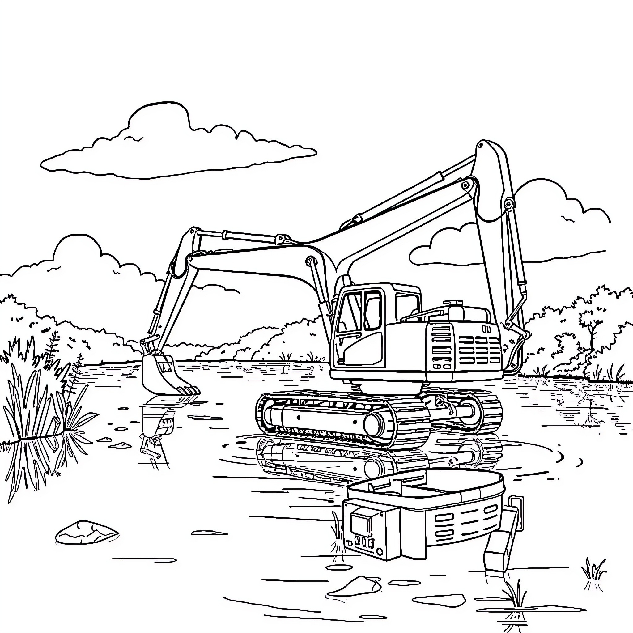 Excavator working in flooded construction site Coloring Page (free black-and-white line drawing printable PDF for all, from beginners to advanced learners, including children, teens, adults, and seniors)