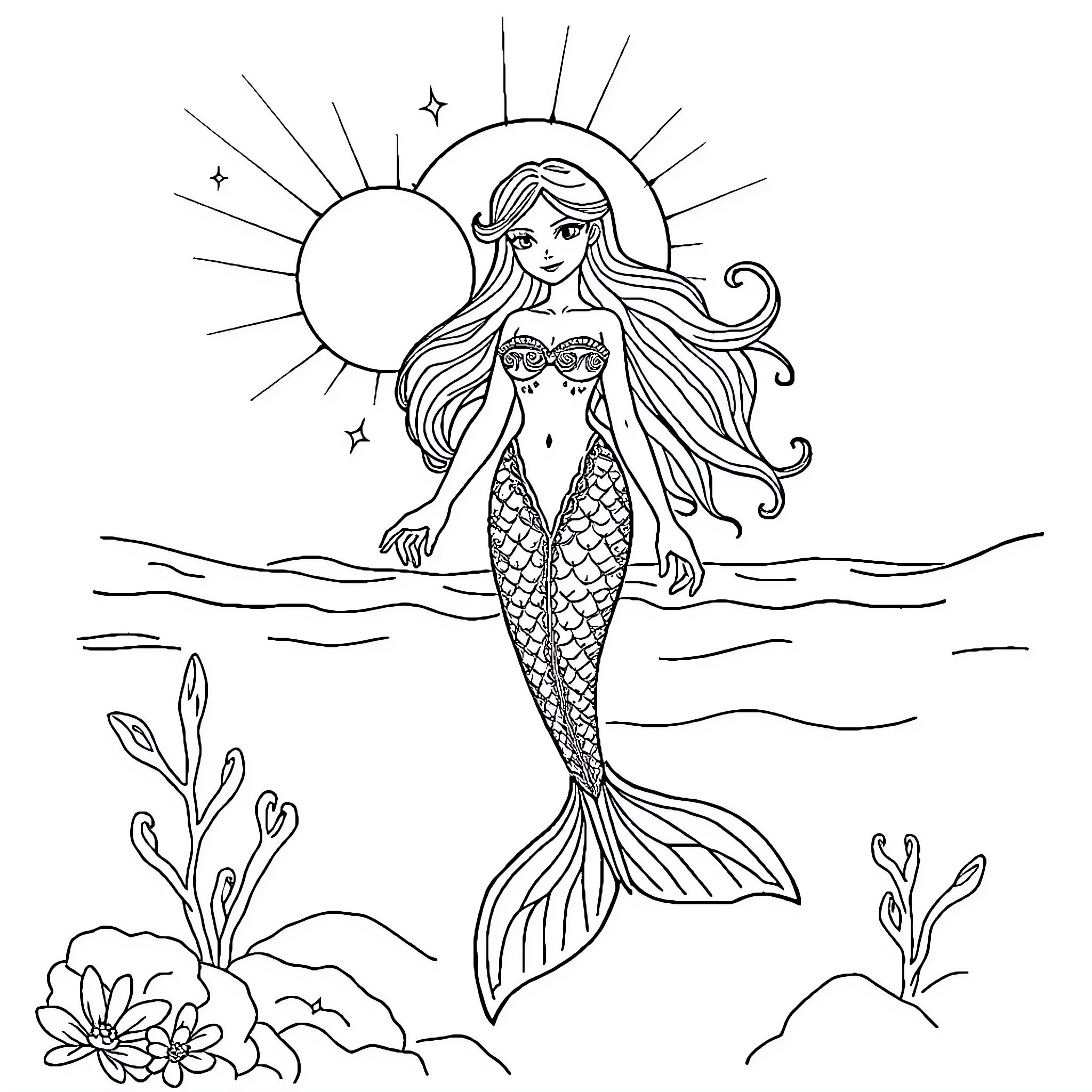 Siren of the Shimmering Seas Coloring Page (free black-and-white line drawing printable PDF for all, from beginners to advanced learners, including children, teens, adults, and seniors)