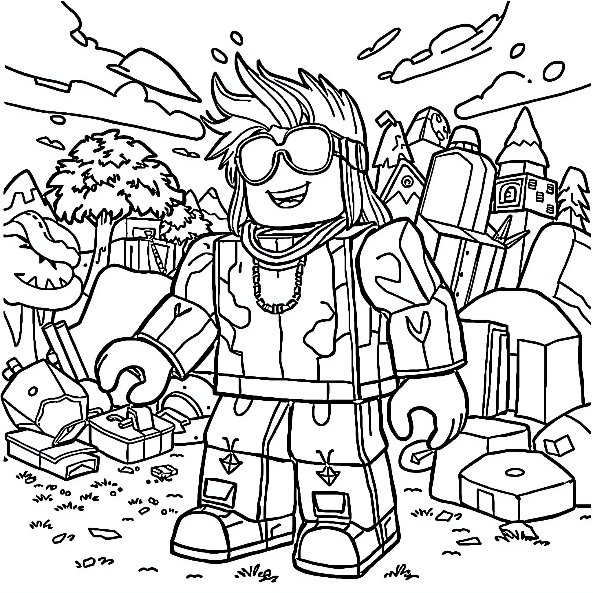 Roblox character in a whimsical outdoor scene Coloring Page (free black-and-white line drawing printable PDF for all, from beginners to advanced learners, including children, teens, adults, and seniors)