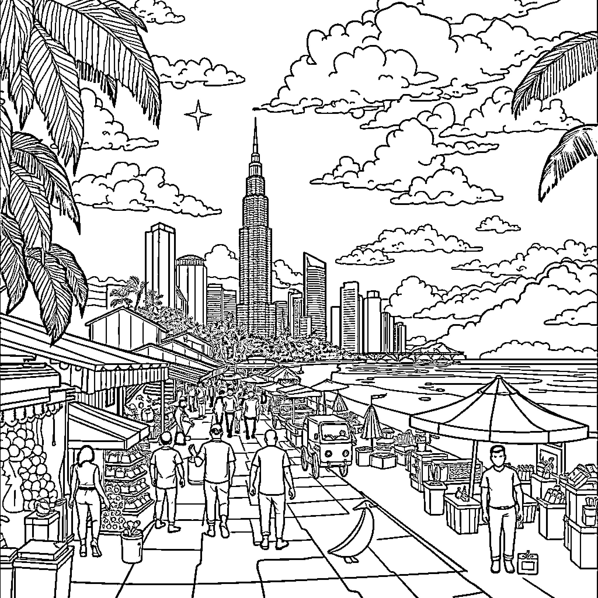 Malaysia bustling city scene with skyline and marketplace Coloring Page (free black-and-white line drawing printable PDF for all, from beginners to advanced learners, including children, teens, adults, and seniors)