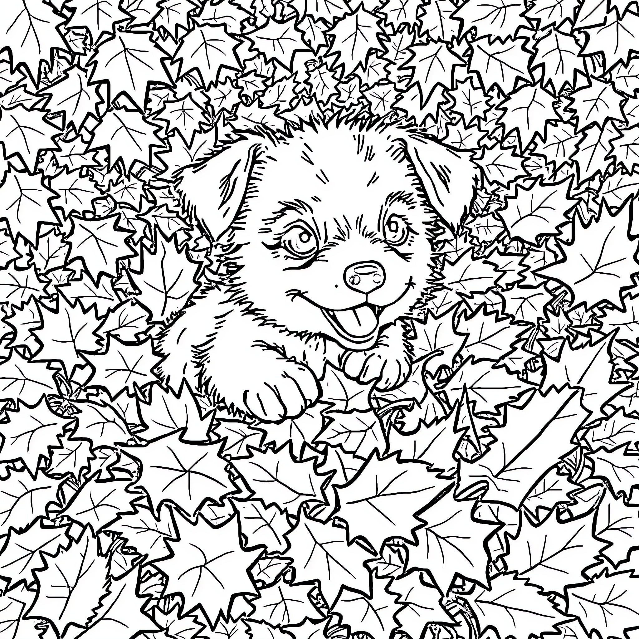 Puppy peeking through autumn leaves Coloring Page (free black-and-white line drawing printable PDF for all, from beginners to advanced learners, including children, teens, adults, and seniors)