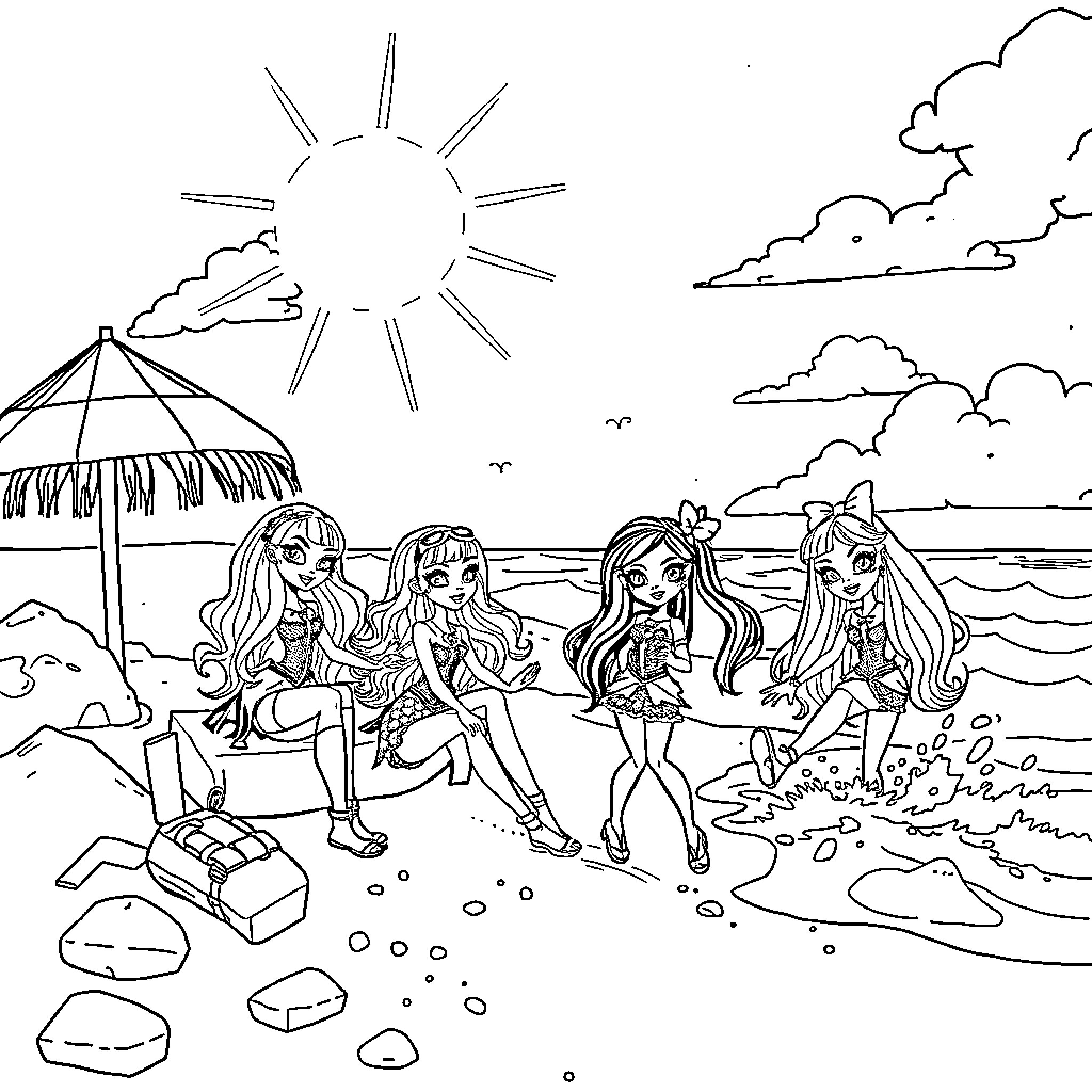 Monster High Girls Enjoy Beach Day Coloring Page (free black-and-white line drawing printable PDF for all, from beginners to advanced learners, including children, teens, adults, and seniors)