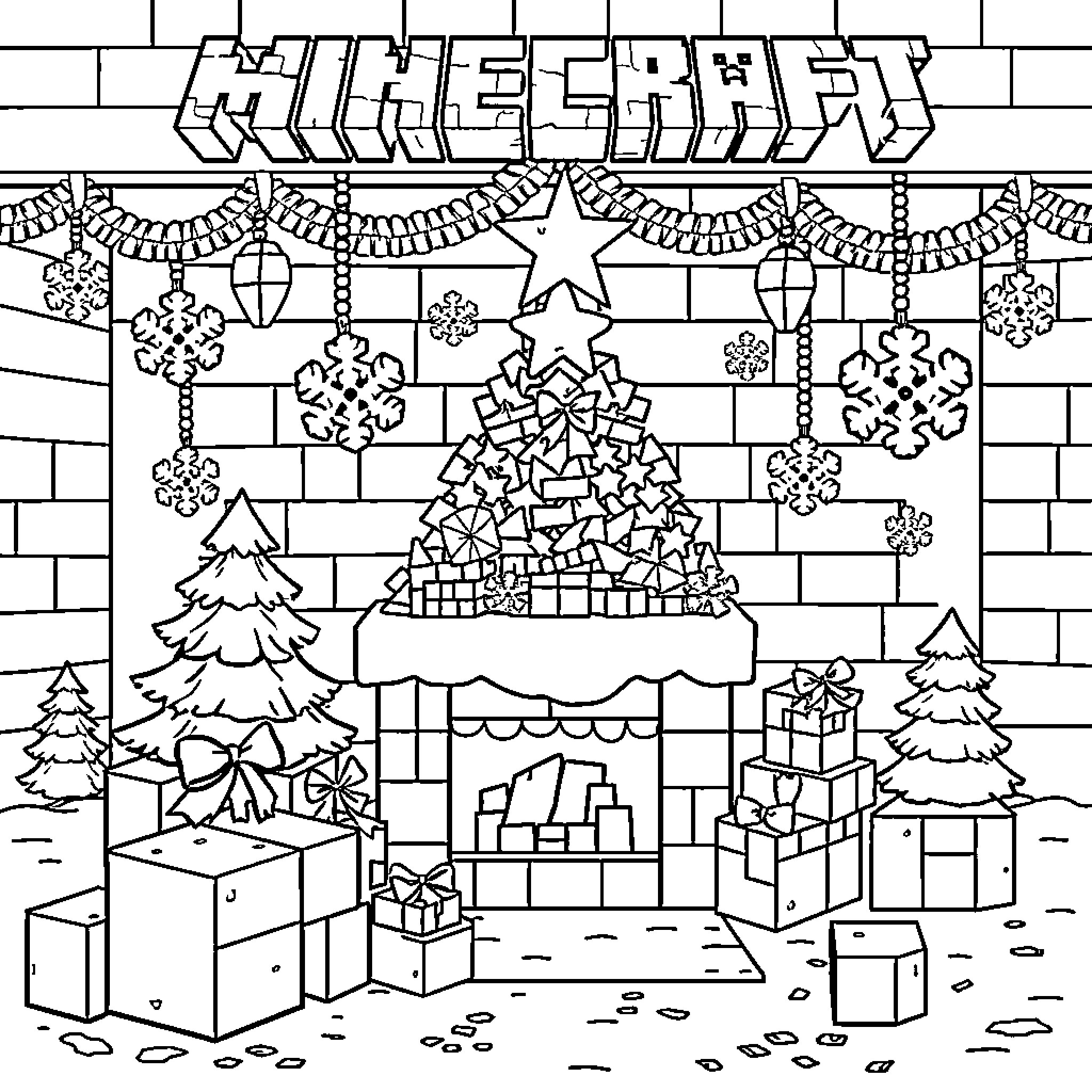 Minecraft Christmas Celebration with Festive Decorations Coloring Page (free black-and-white line drawing printable PDF for all, from beginners to advanced learners, including children, teens, adults, and seniors)