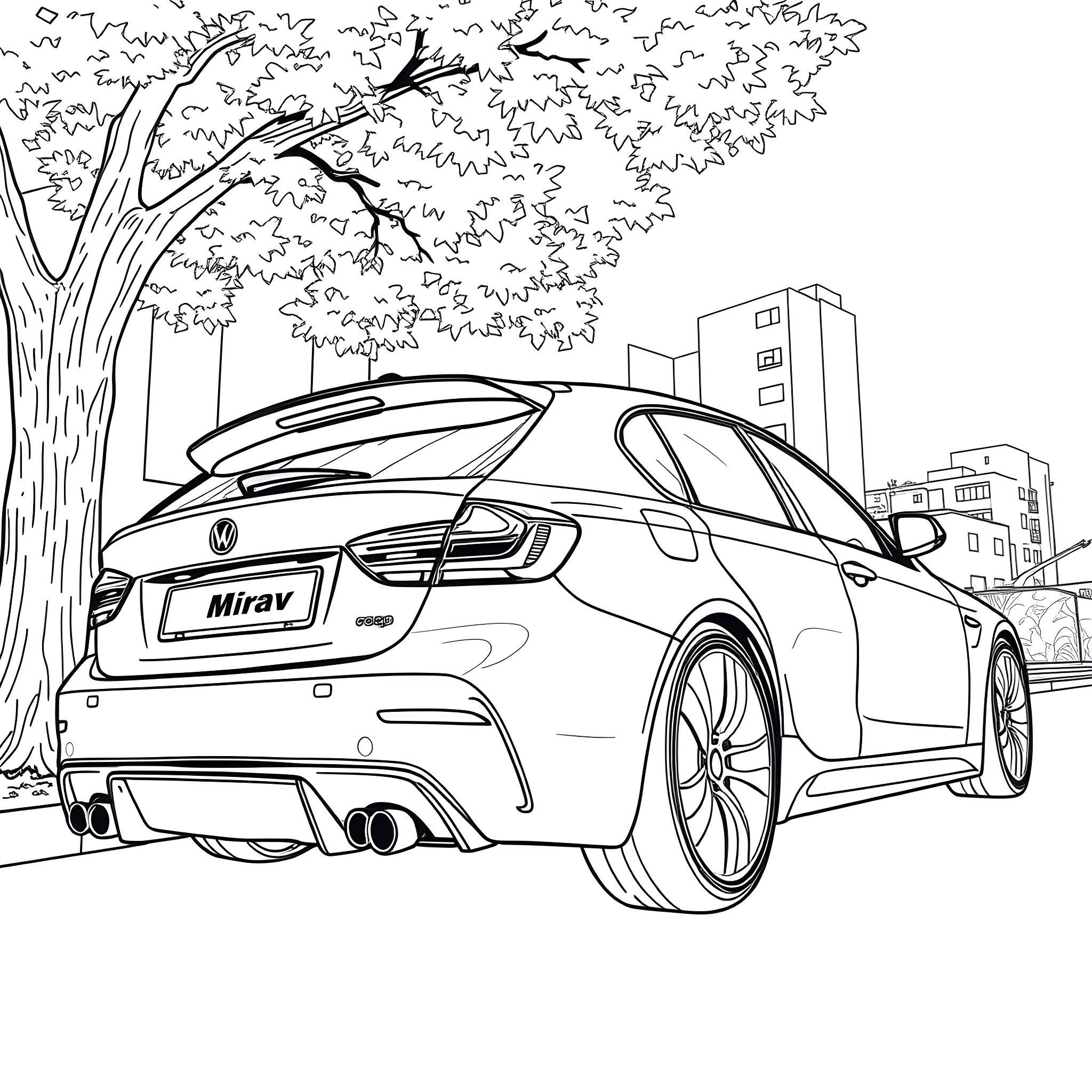 Car speeding through autumn leaves in the city Coloring Page (free black-and-white line drawing printable PDF for all, from beginners to advanced learners, including children, teens, adults, and seniors)
