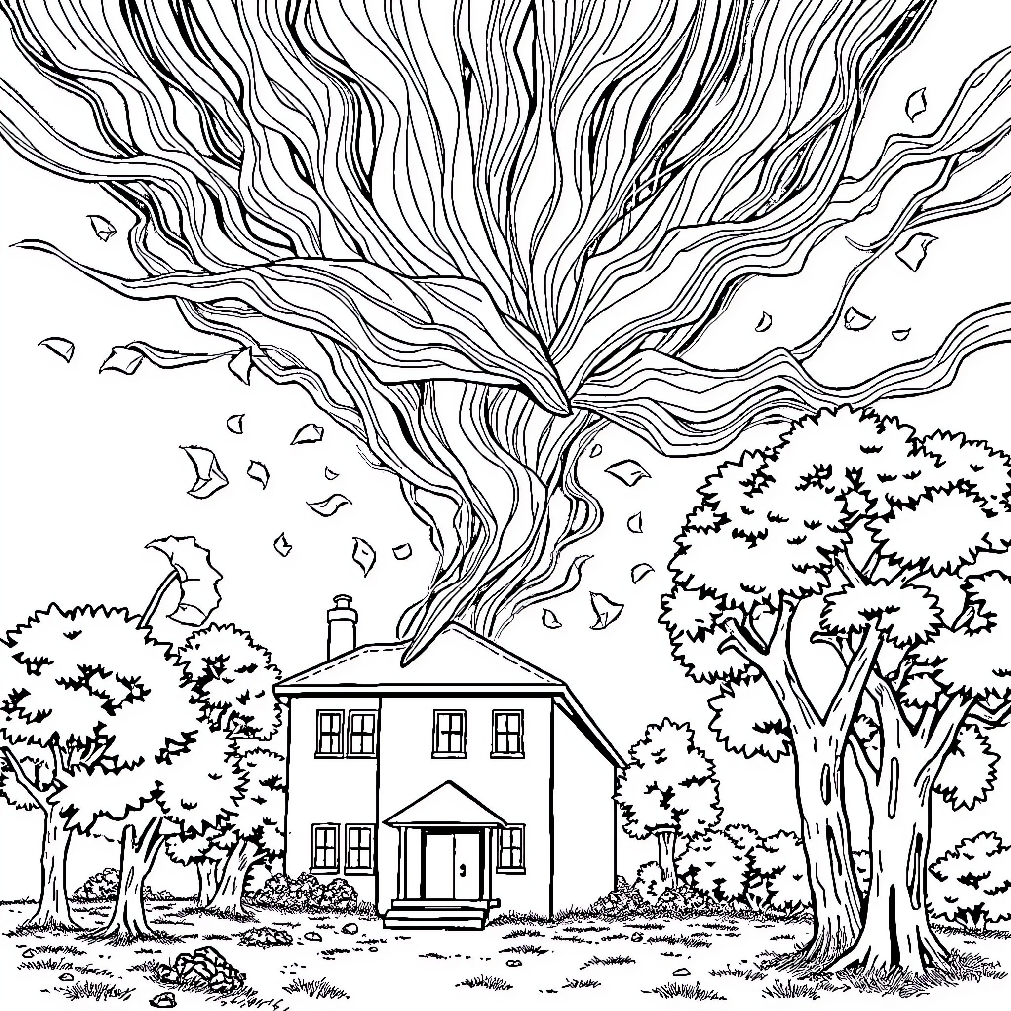 Tornado approaching a rural house amid trees Coloring Page (free black-and-white line drawing printable PDF for all, from beginners to advanced learners, including children, teens, adults, and seniors)