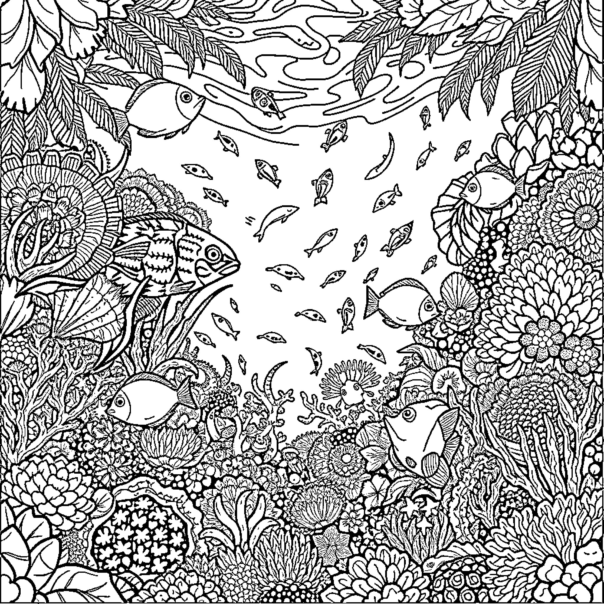 Reef Teeming with Vibrant Marine Life Coloring Page (free black-and-white line drawing printable PDF for all, from beginners to advanced learners, including children, teens, adults, and seniors)