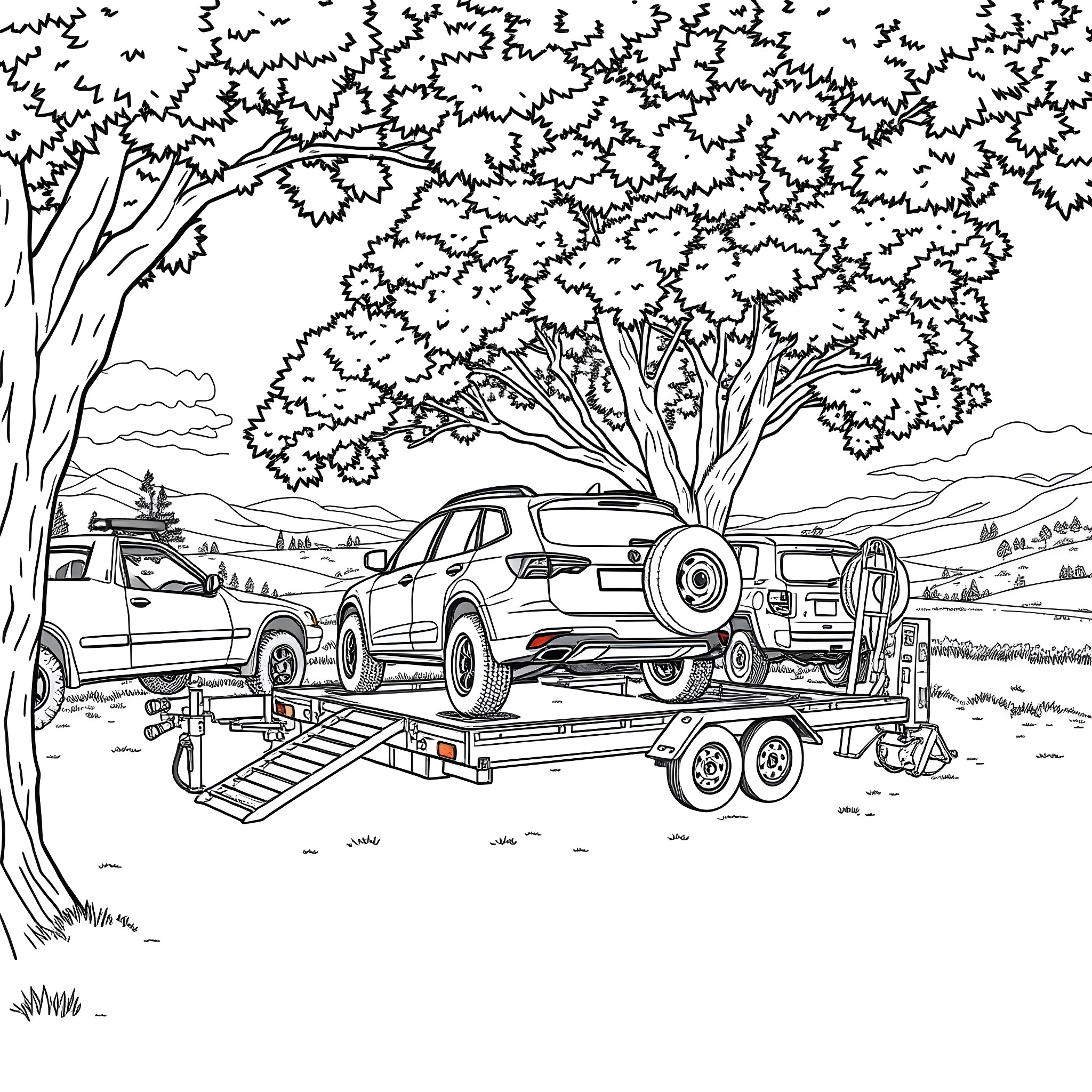 Car Trailer in Scenic Countryside Coloring Page (free black-and-white line drawing printable PDF for all, from beginners to advanced learners, including children, teens, adults, and seniors)