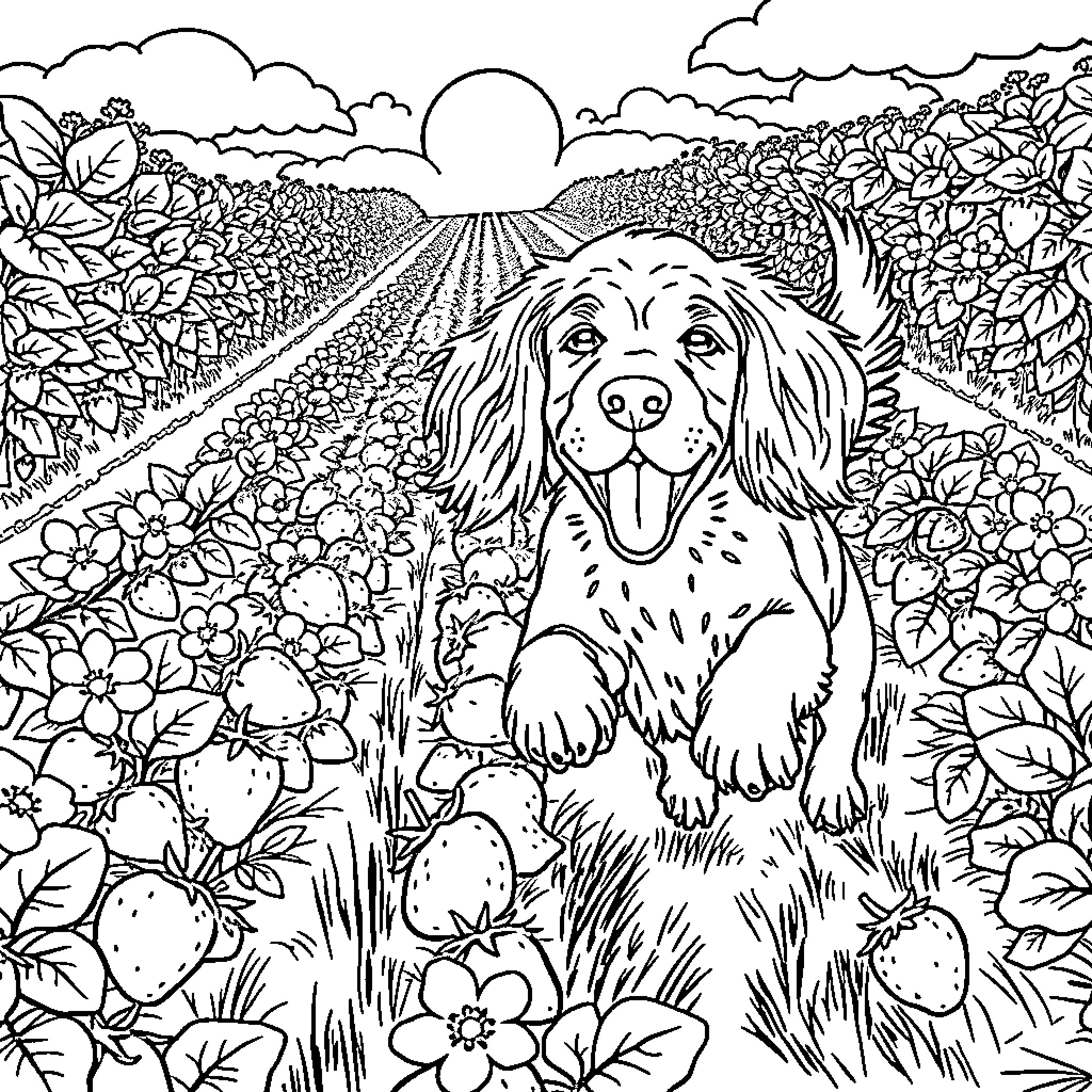 Climber Spaniel exploring a lush floral landscape Coloring Page (free black-and-white line drawing printable PDF for all, from beginners to advanced learners, including children, teens, adults, and seniors)