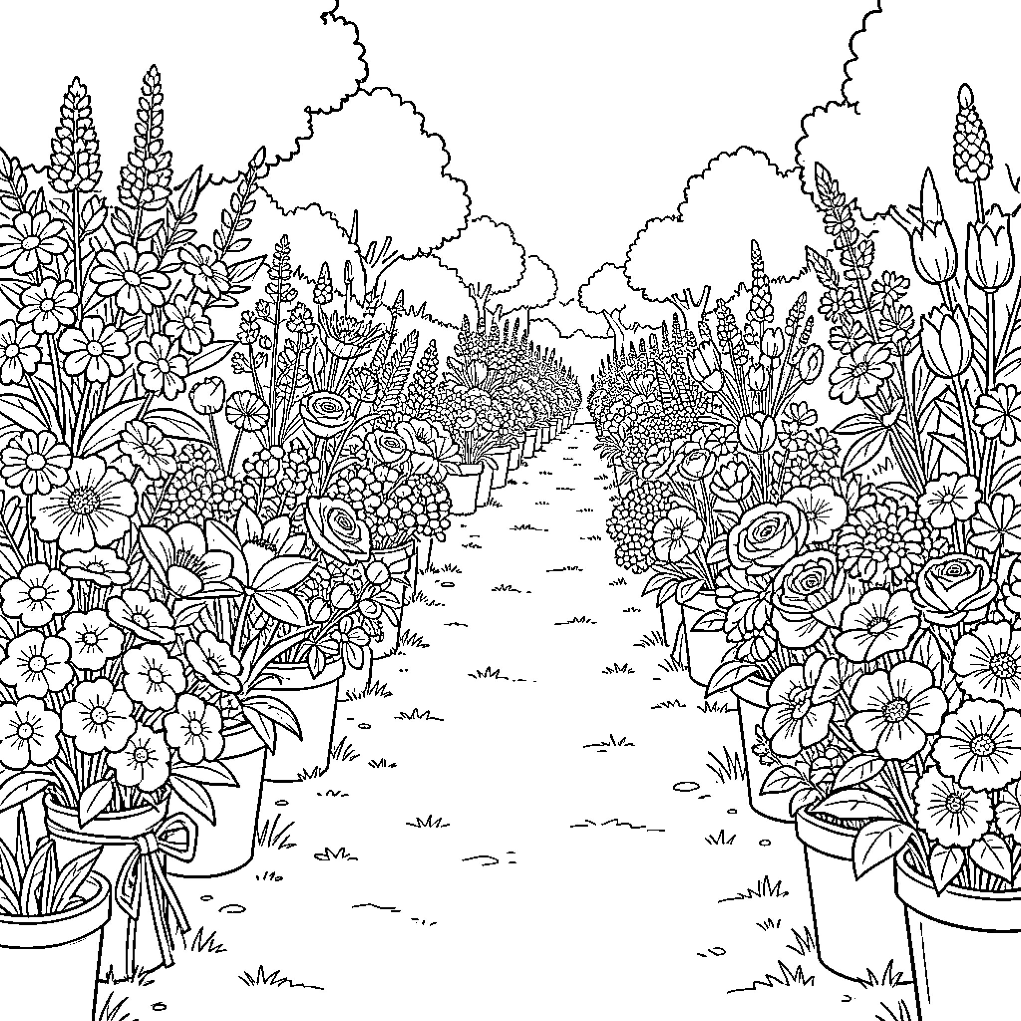 Flower pots arranged along a garden path Coloring Page (free black-and-white line drawing printable PDF for all, from beginners to advanced learners, including children, teens, adults, and seniors)
