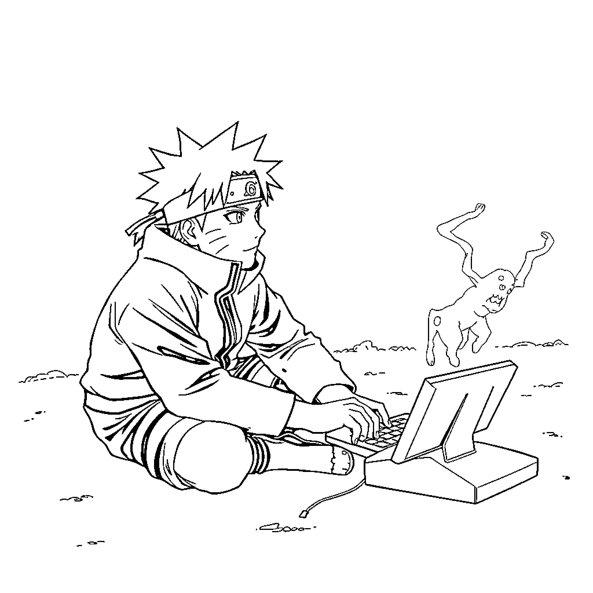 Naruto sitting on the ground using a laptop Coloring Page (free black-and-white line drawing printable PDF for all, from beginners to advanced learners, including children, teens, adults, and seniors)