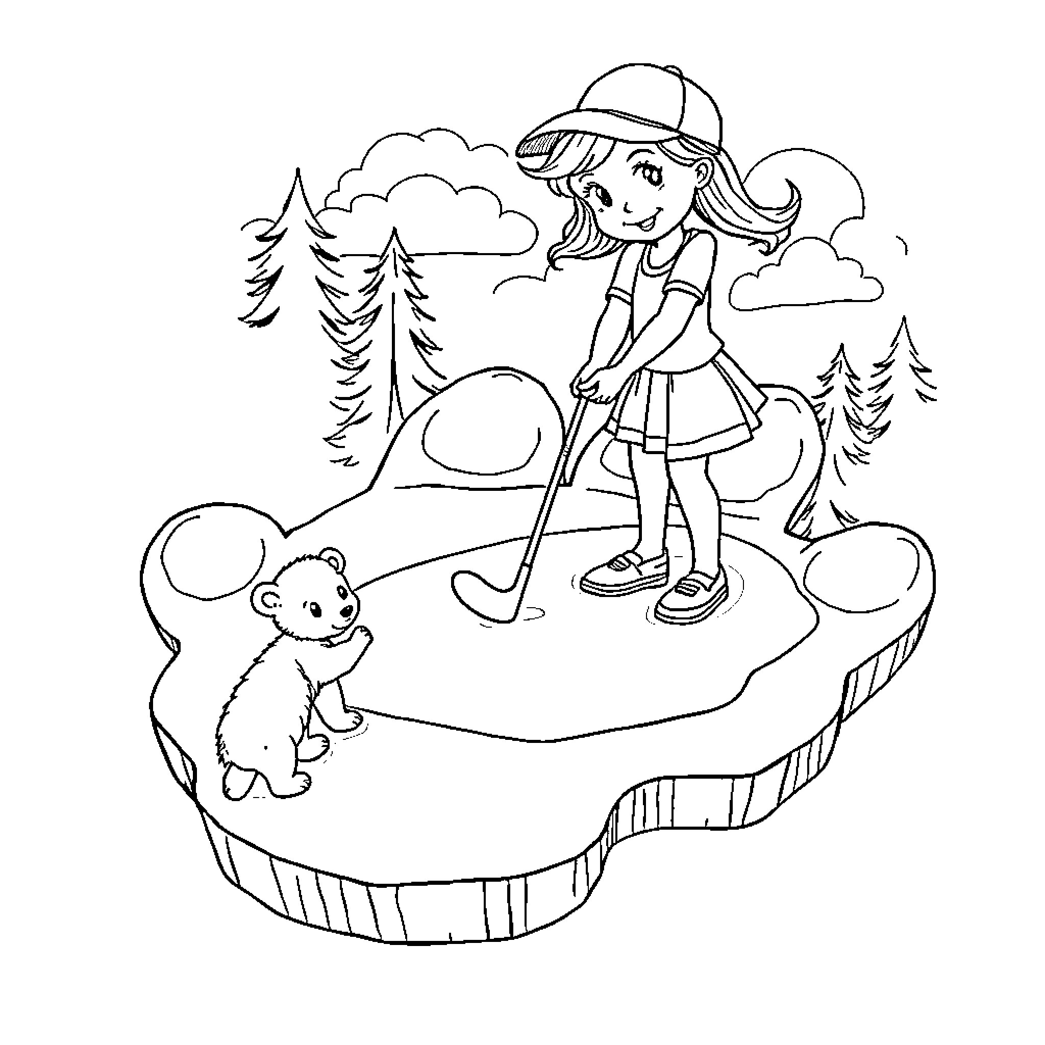Girl playing with her pet on a bench Coloring Page (free black-and-white line drawing printable PDF for all, from beginners to advanced learners, including children, teens, adults, and seniors)