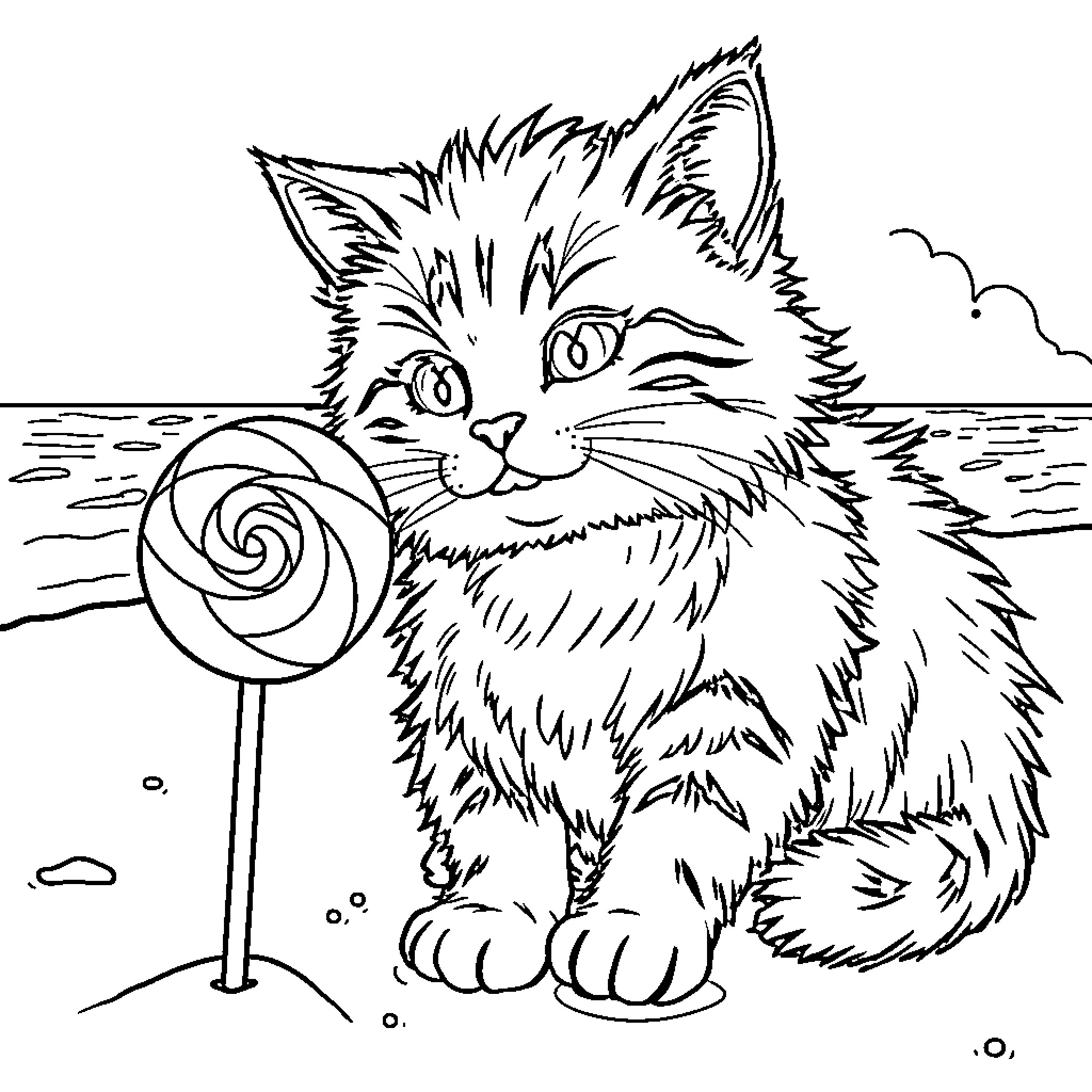 Cat admiring a lollipop by the beach Coloring Page (free black-and-white line drawing printable PDF for all, from beginners to advanced learners, including children, teens, adults, and seniors)