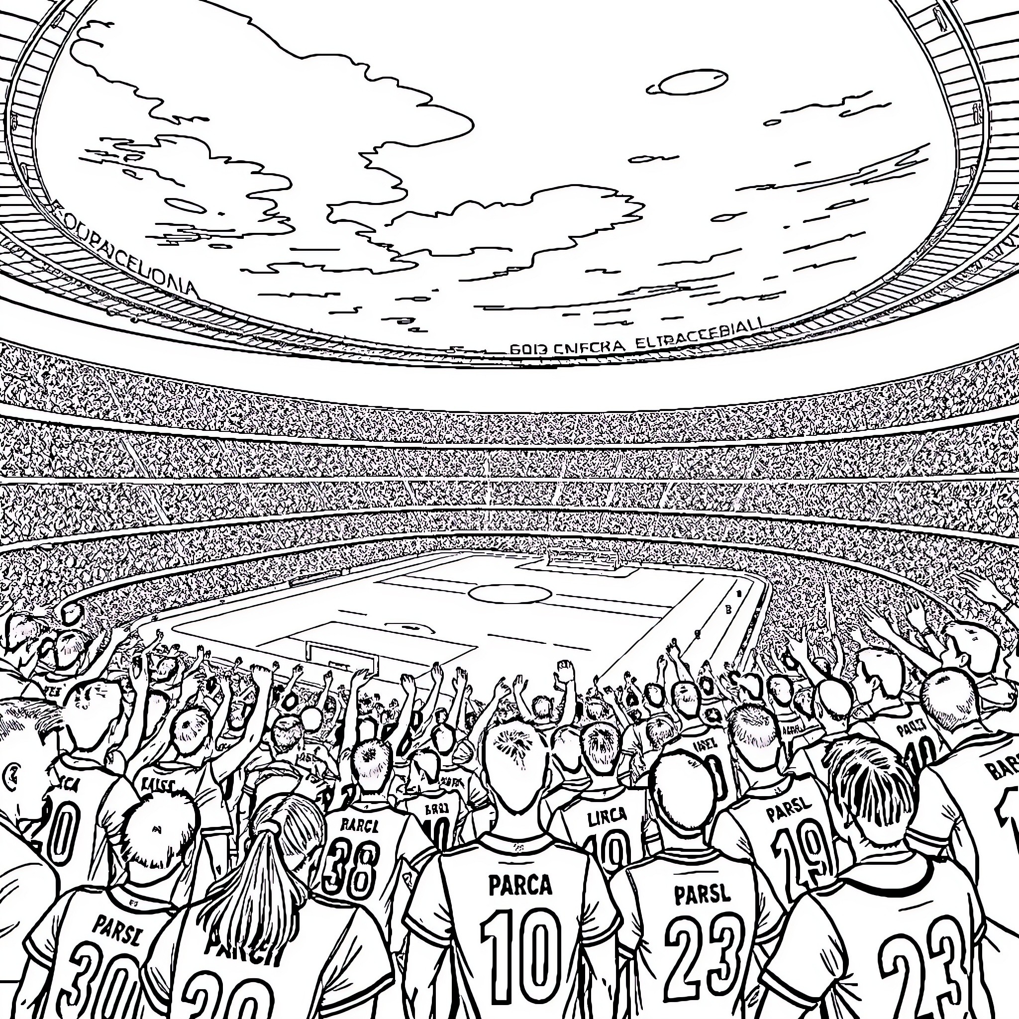 Stadium filled with enthusiastic spectators Coloring Page (free black-and-white line drawing printable PDF for all, from beginners to advanced learners, including children, teens, adults, and seniors)