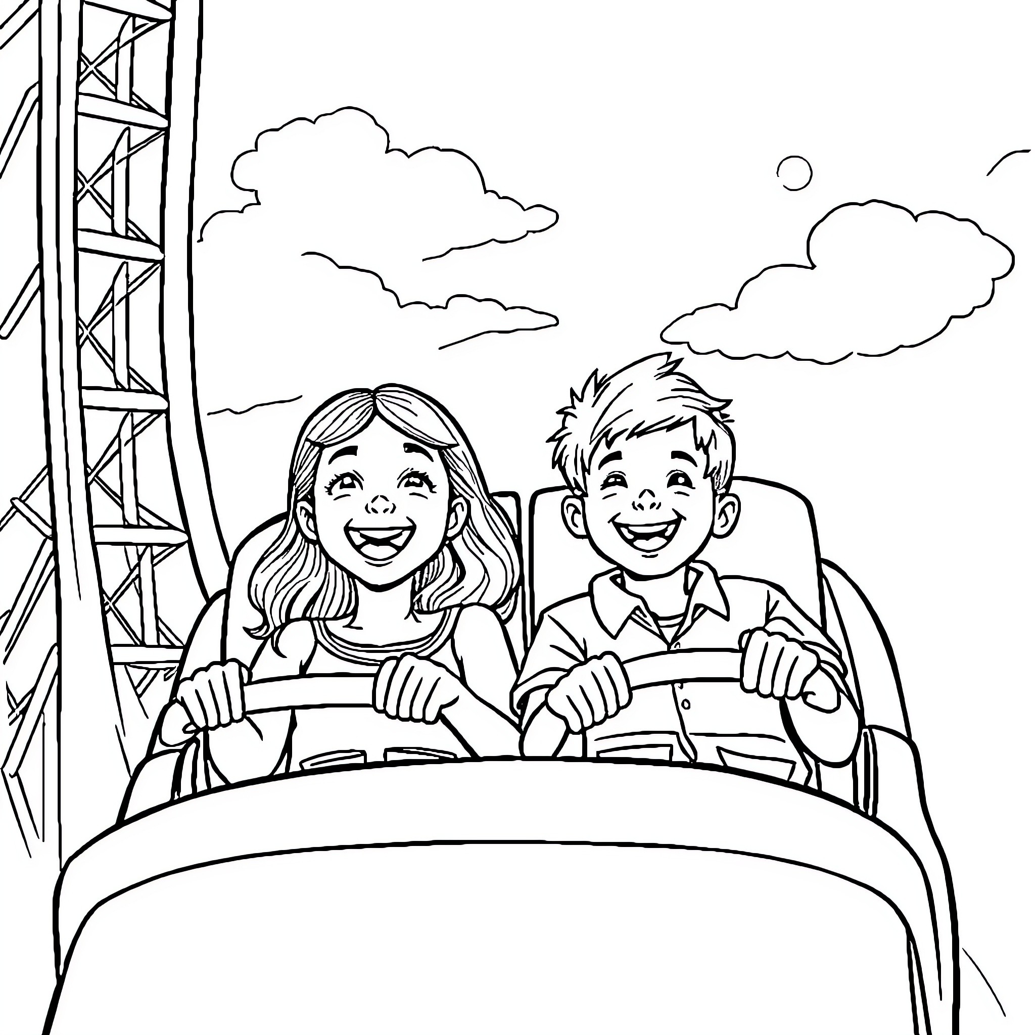 Roller Coaster Ride with Excited Passengers Coloring Page (free black-and-white line drawing printable PDF for all, from beginners to advanced learners, including children, teens, adults, and seniors)