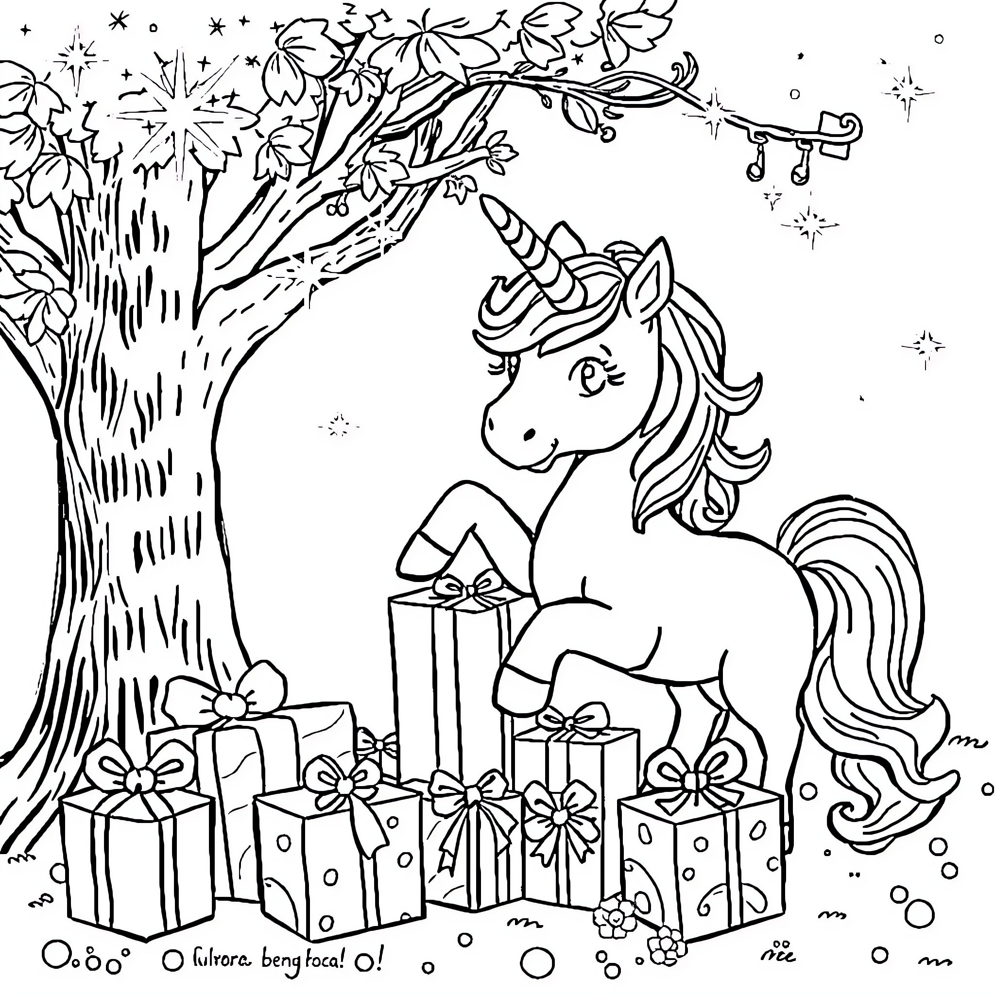 Unicorn celebrating with gifts and decorations Coloring Page (free black-and-white line drawing printable PDF for all, from beginners to advanced learners, including children, teens, adults, and seniors)