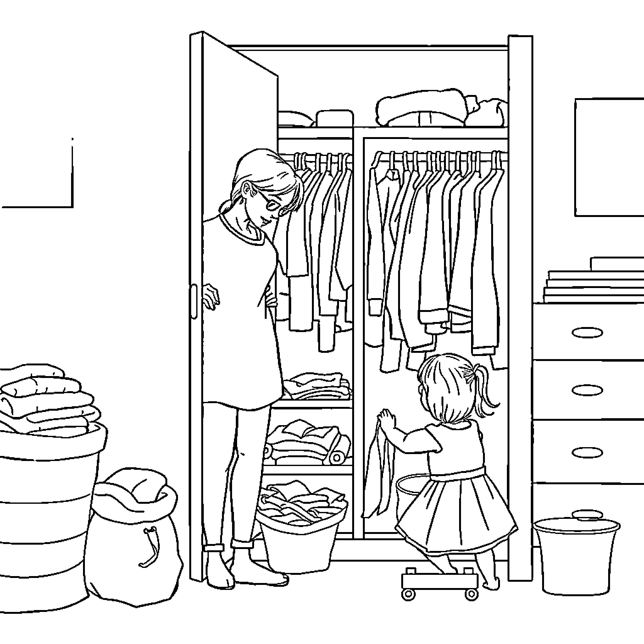 Mother and child organizing closet together Coloring Page (free black-and-white line drawing printable PDF for all, from beginners to advanced learners, including children, teens, adults, and seniors)