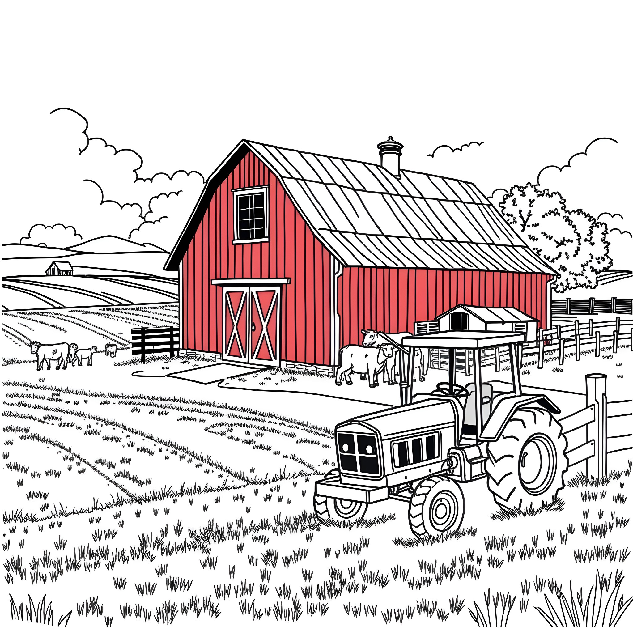 Farm Scene with Barn, Tractor, and Animals Coloring Page (free black-and-white line drawing printable PDF for all, from beginners to advanced learners, including children, teens, adults, and seniors)