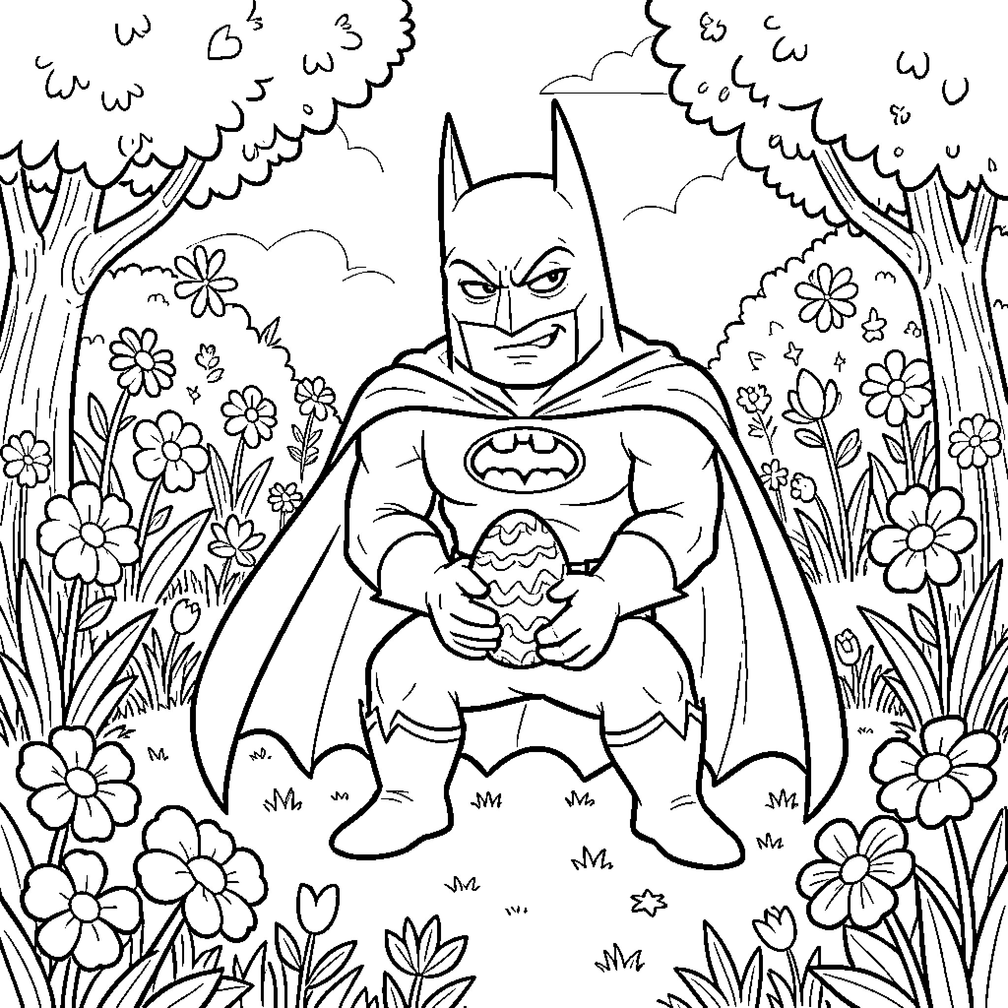 Batman in a Whimsical Floral Landscape Coloring Page (free black-and-white line drawing printable PDF for all, from beginners to advanced learners, including children, teens, adults, and seniors)