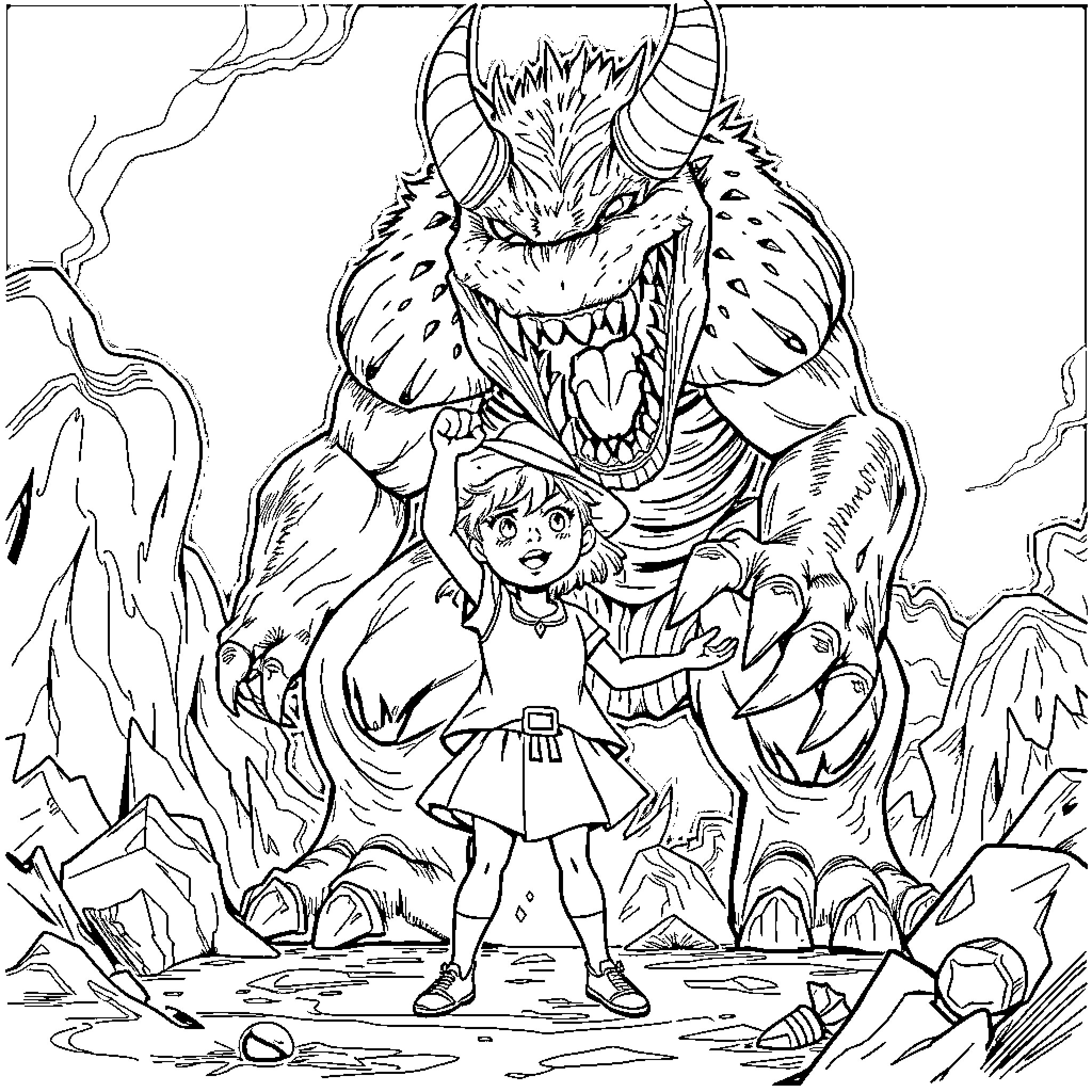 Girl confronting a fearsome monster in a dark and ominous setting Coloring Page (free black-and-white line drawing printable PDF for all, from beginners to advanced learners, including children, teens, adults, and seniors)