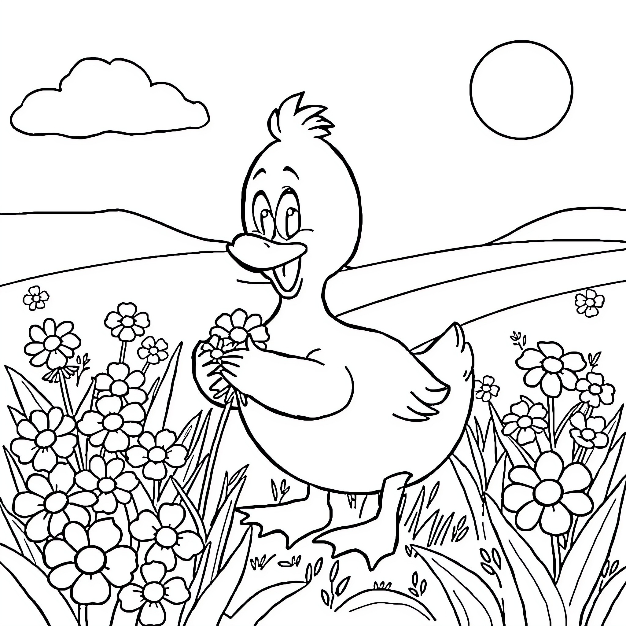 Duck enjoying the beautiful garden Coloring Page (free black-and-white line drawing printable PDF for all, from beginners to advanced learners, including children, teens, adults, and seniors)
