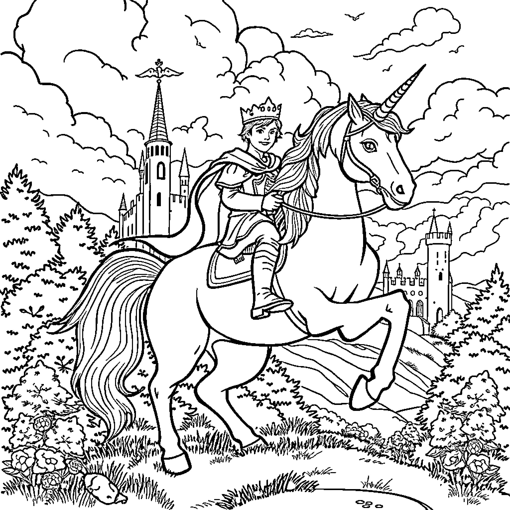 Prince riding a majestic unicorn through the enchanted landscape Coloring Page (free black-and-white line drawing printable PDF for all, from beginners to advanced learners, including children, teens, adults, and seniors)