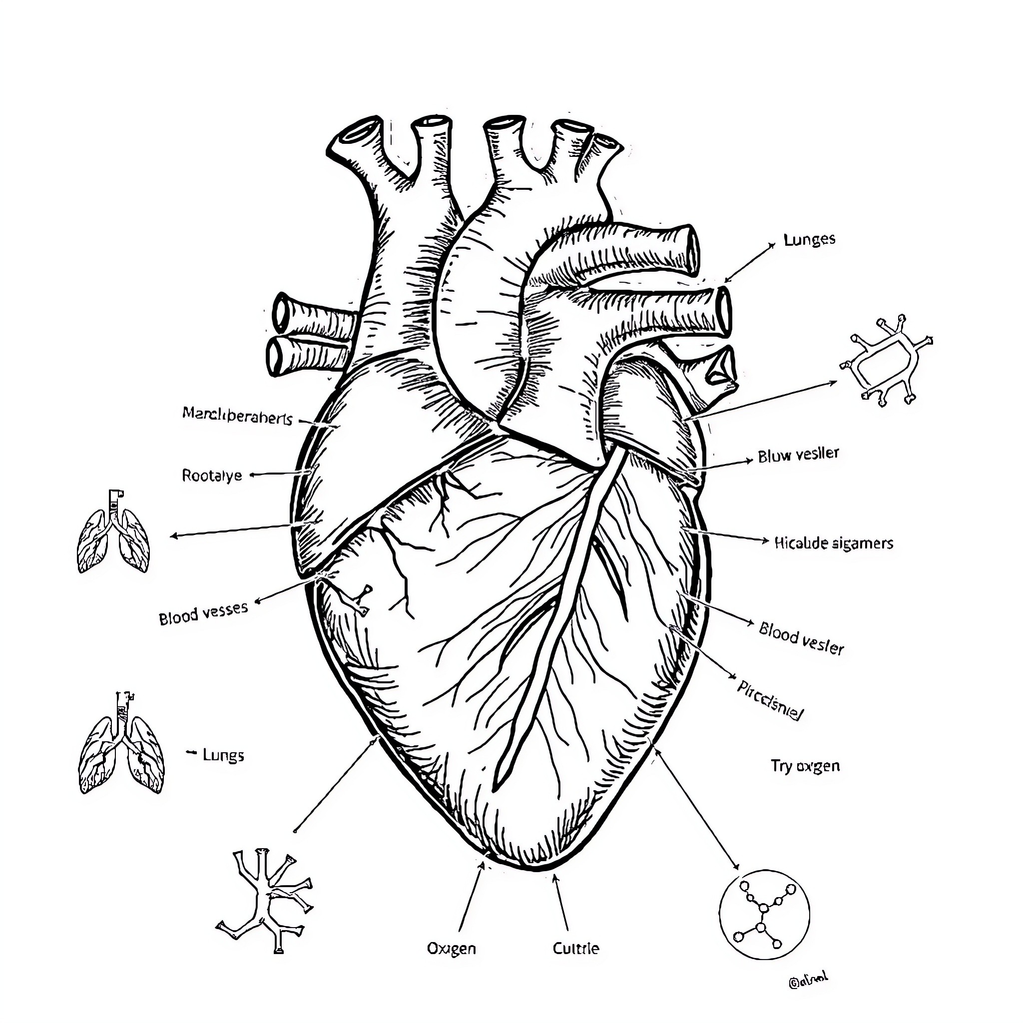 Heart's Internal Anatomy Diagram Coloring Page (free black-and-white line drawing printable PDF for all, from beginners to advanced learners, including children, teens, adults, and seniors)