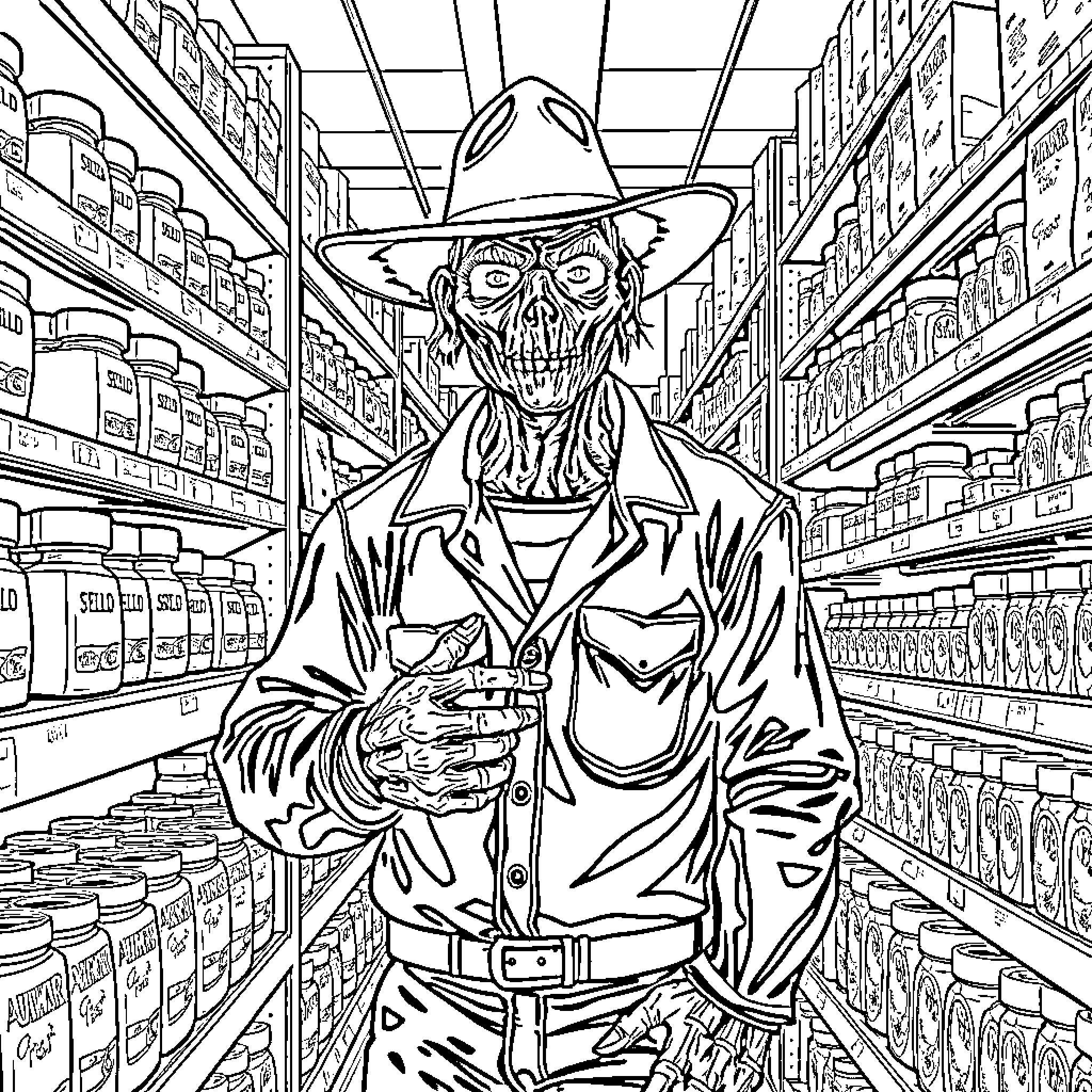 Freddy Kruger haunts the aisles of a creepy convenience store Coloring Page (free black-and-white line drawing printable PDF for all, from beginners to advanced learners, including children, teens, adults, and seniors)