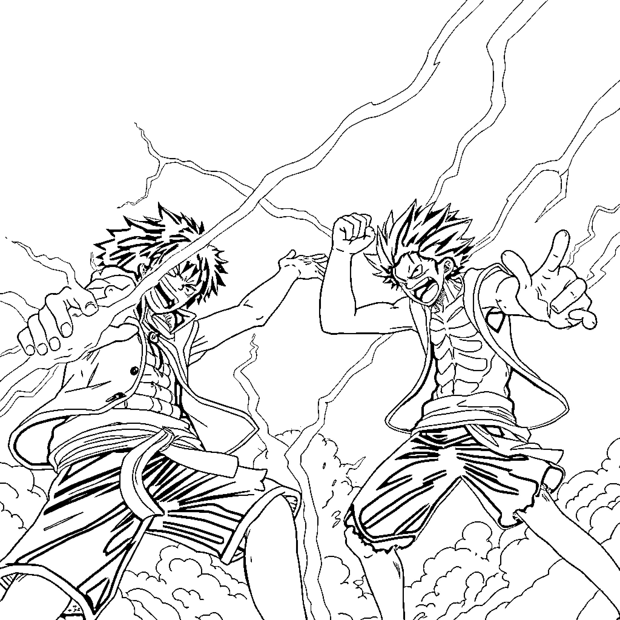 Luffy and Natsu battling with powerful expressions Coloring Page (free black-and-white line drawing printable PDF for all, from beginners to advanced learners, including children, teens, adults, and seniors)