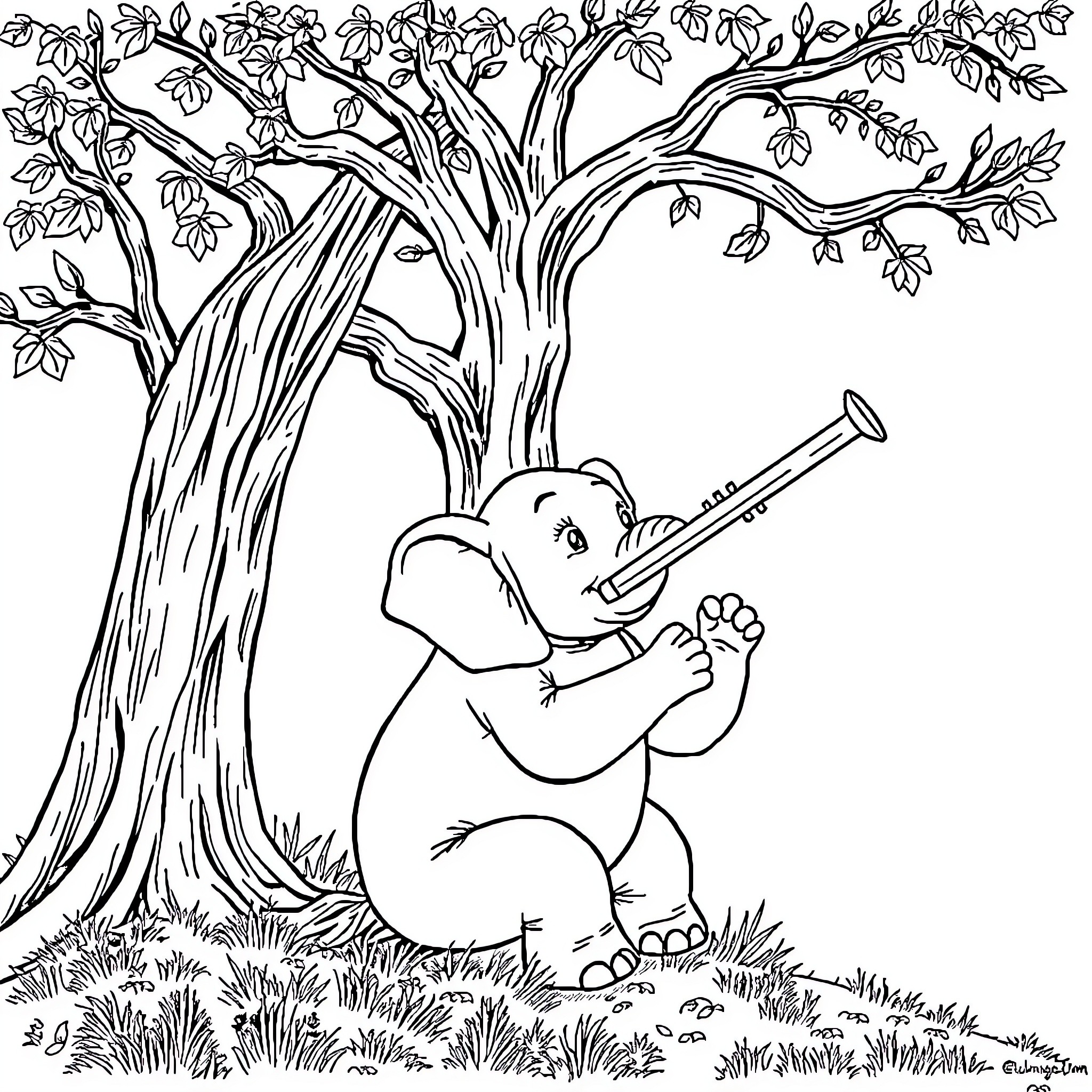 Elephant playing music under a tree Coloring Page (free black-and-white line drawing printable PDF for all, from beginners to advanced learners, including children, teens, adults, and seniors)