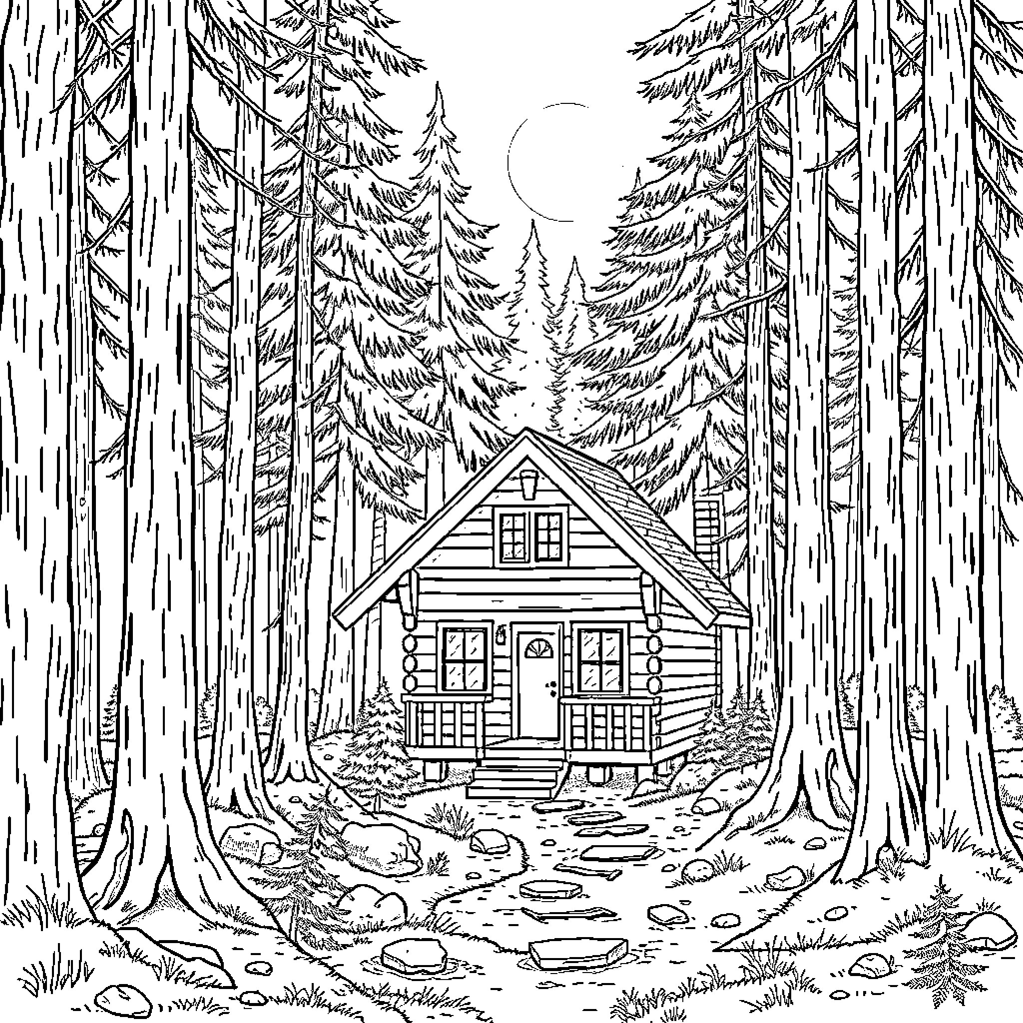 Cabin in the Serene Forest Landscape Coloring Page (free black-and-white line drawing printable PDF for all, from beginners to advanced learners, including children, teens, adults, and seniors)