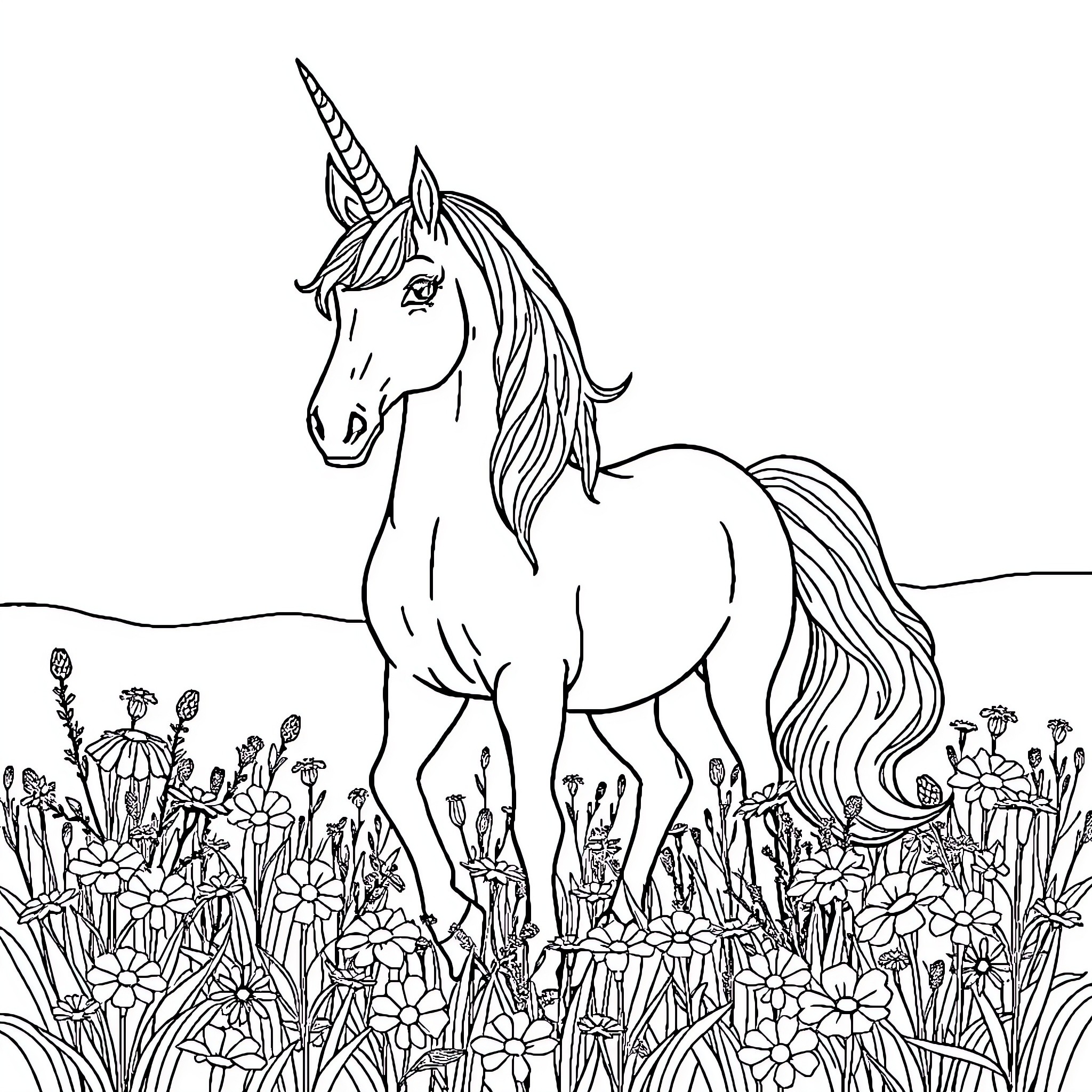Unicorn standing majestically in a floral meadow Coloring Page (free black-and-white line drawing printable PDF for all, from beginners to advanced learners, including children, teens, adults, and seniors)
