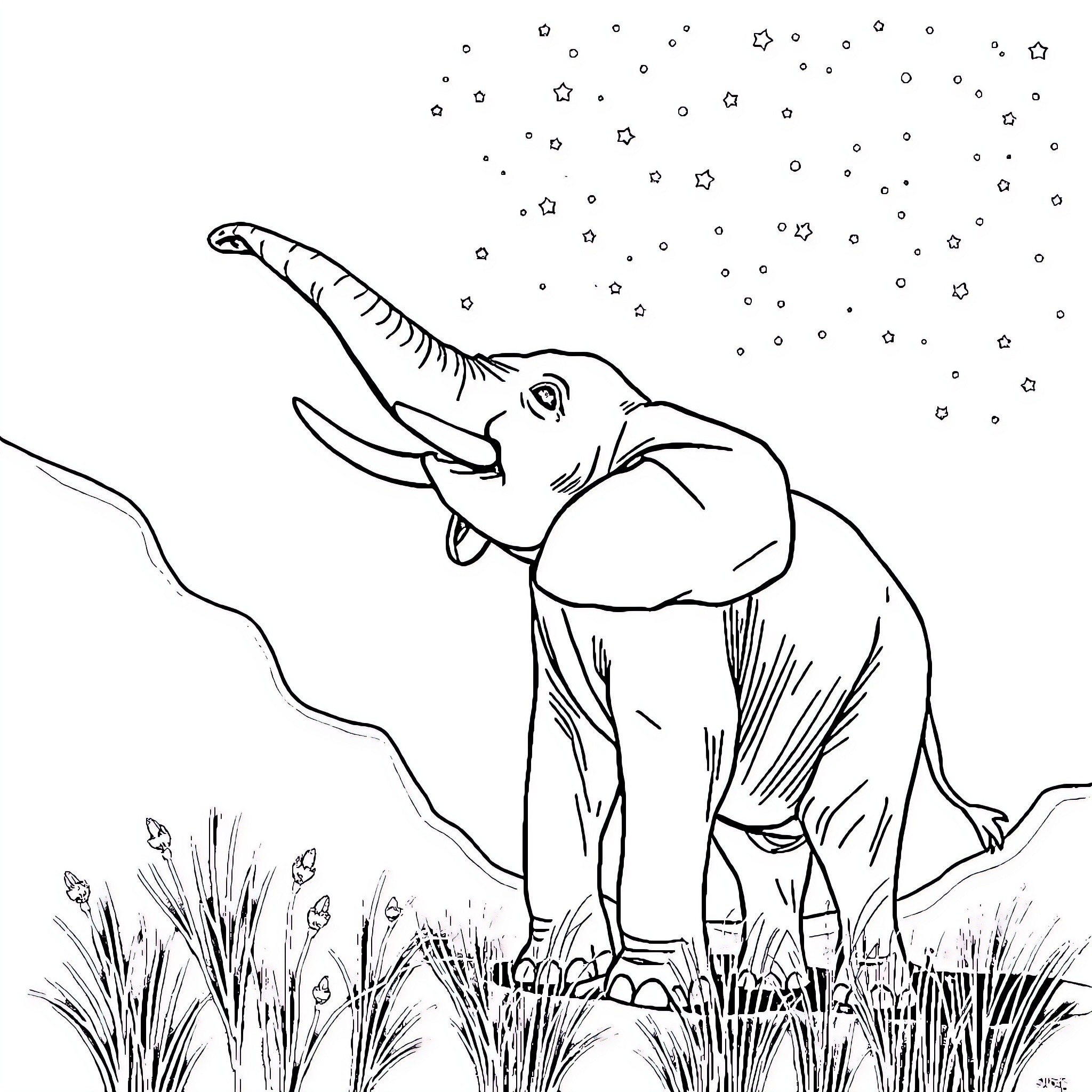 Elephant exploring the snowy landscape Coloring Page (free black-and-white line drawing printable PDF for all, from beginners to advanced learners, including children, teens, adults, and seniors)
