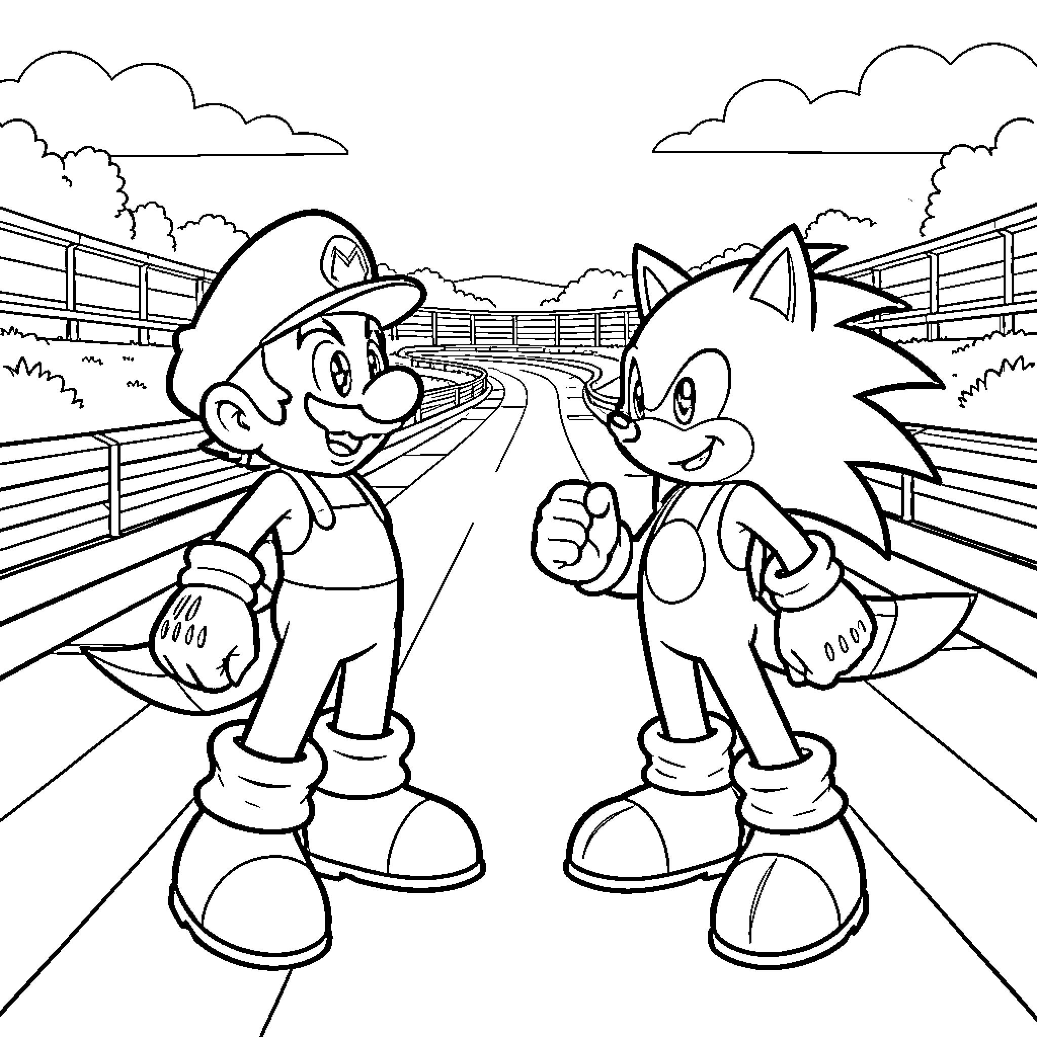 Mario and Sonic Racing on the Track Coloring Page (free black-and-white line drawing printable PDF for all, from beginners to advanced learners, including children, teens, adults, and seniors)