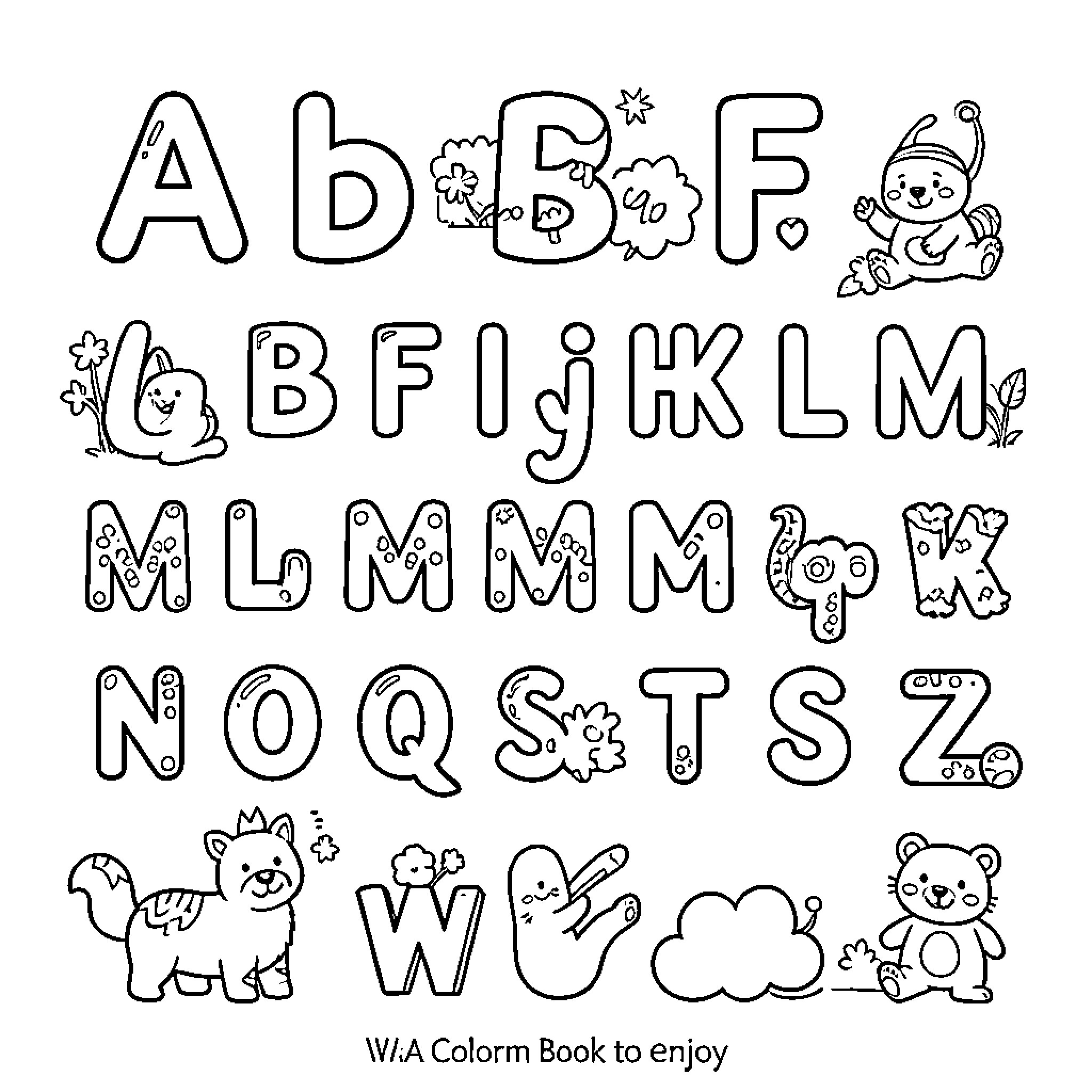 Alphabet with Adorable Creatures and Nature Motifs Coloring Page (free black-and-white line drawing printable PDF for all, from beginners to advanced learners, including children, teens, adults, and seniors)