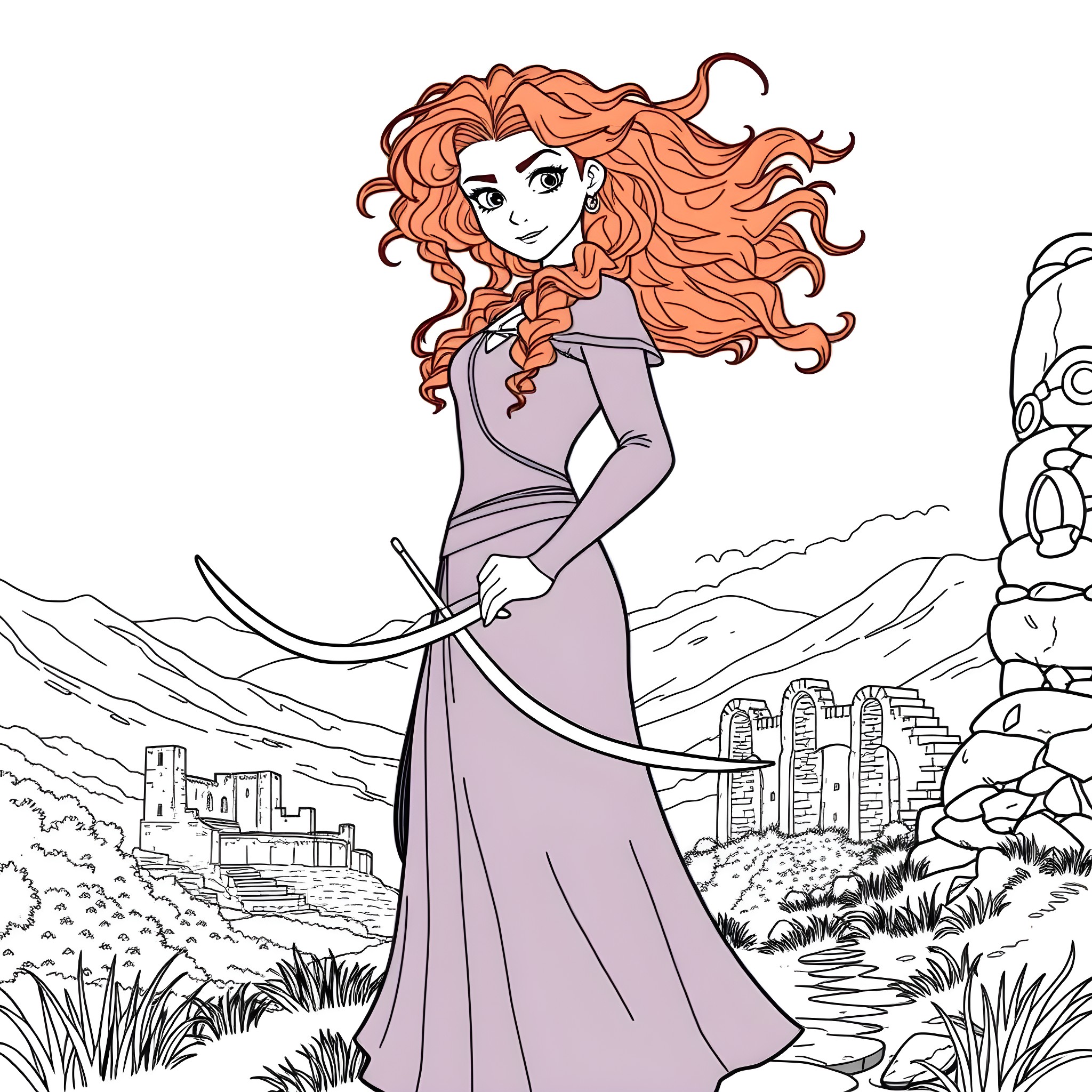 Merida standing tall in the wilderness Coloring Page (free black-and-white line drawing printable PDF for all, from beginners to advanced learners, including children, teens, adults, and seniors)