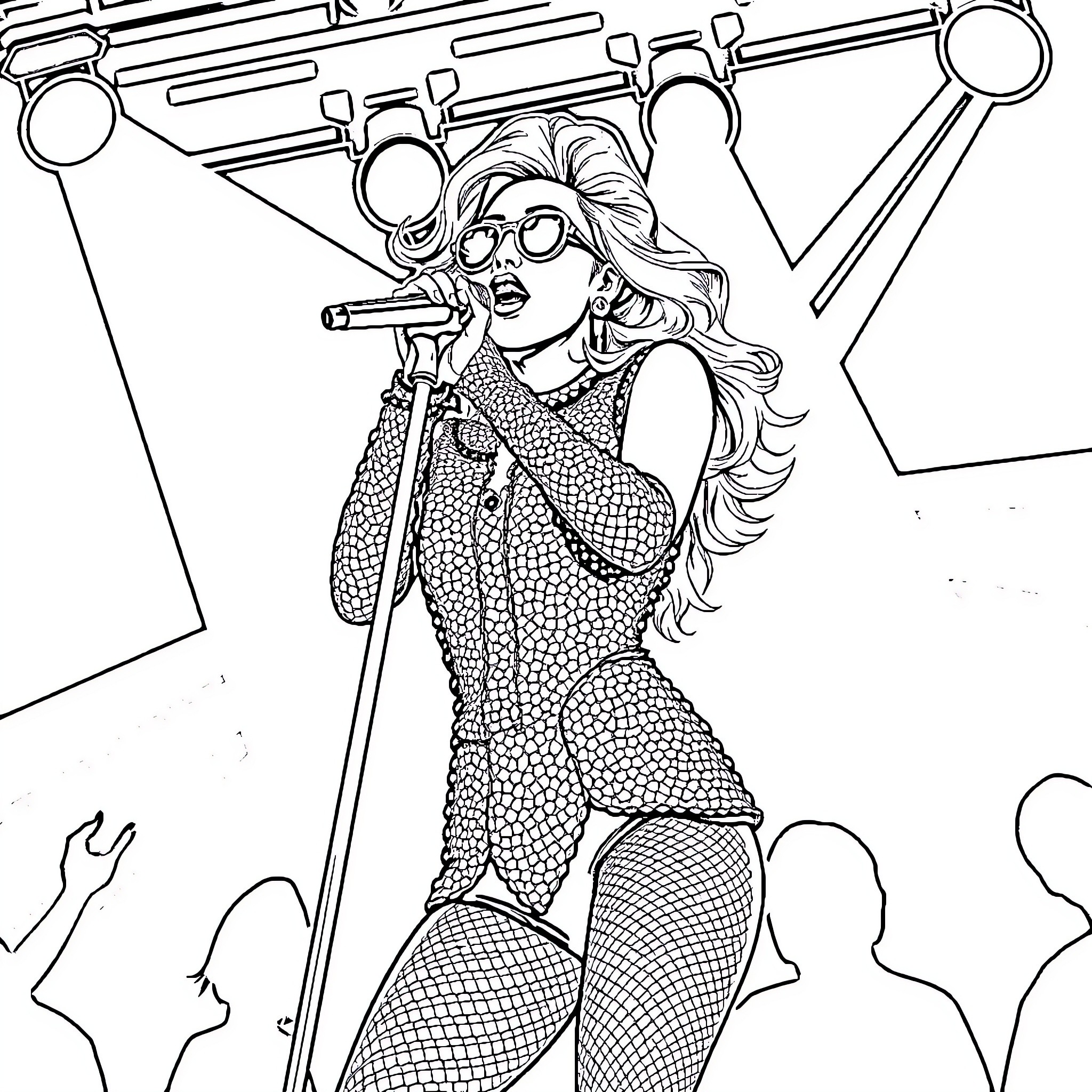 Lady Gaga's Dazzling Stage Performance Coloring Page (free black-and-white line drawing printable PDF for all, from beginners to advanced learners, including children, teens, adults, and seniors)