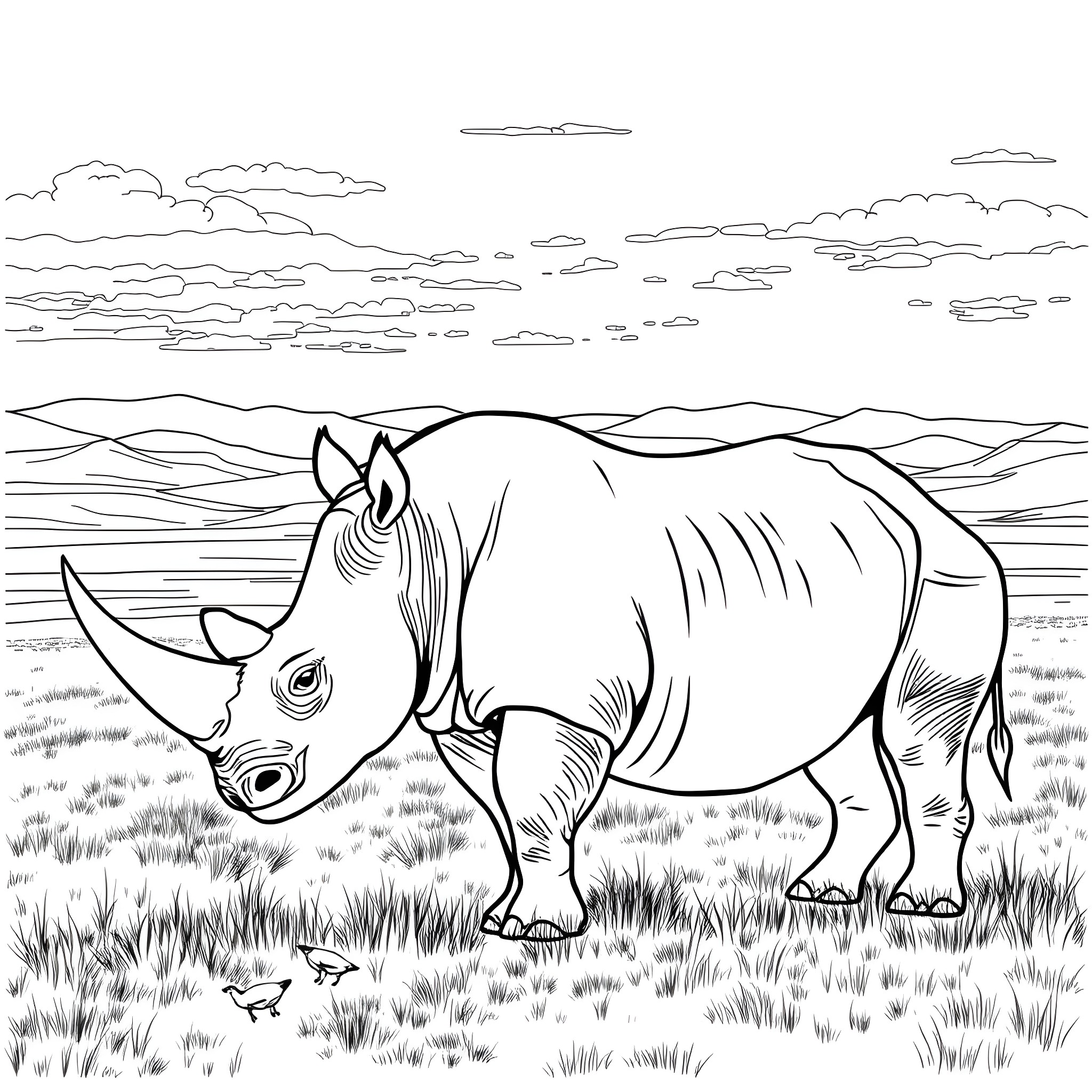 Rhinoceros grazing peacefully in the grasslands Coloring Page (free black-and-white line drawing printable PDF for all, from beginners to advanced learners, including children, teens, adults, and seniors)
