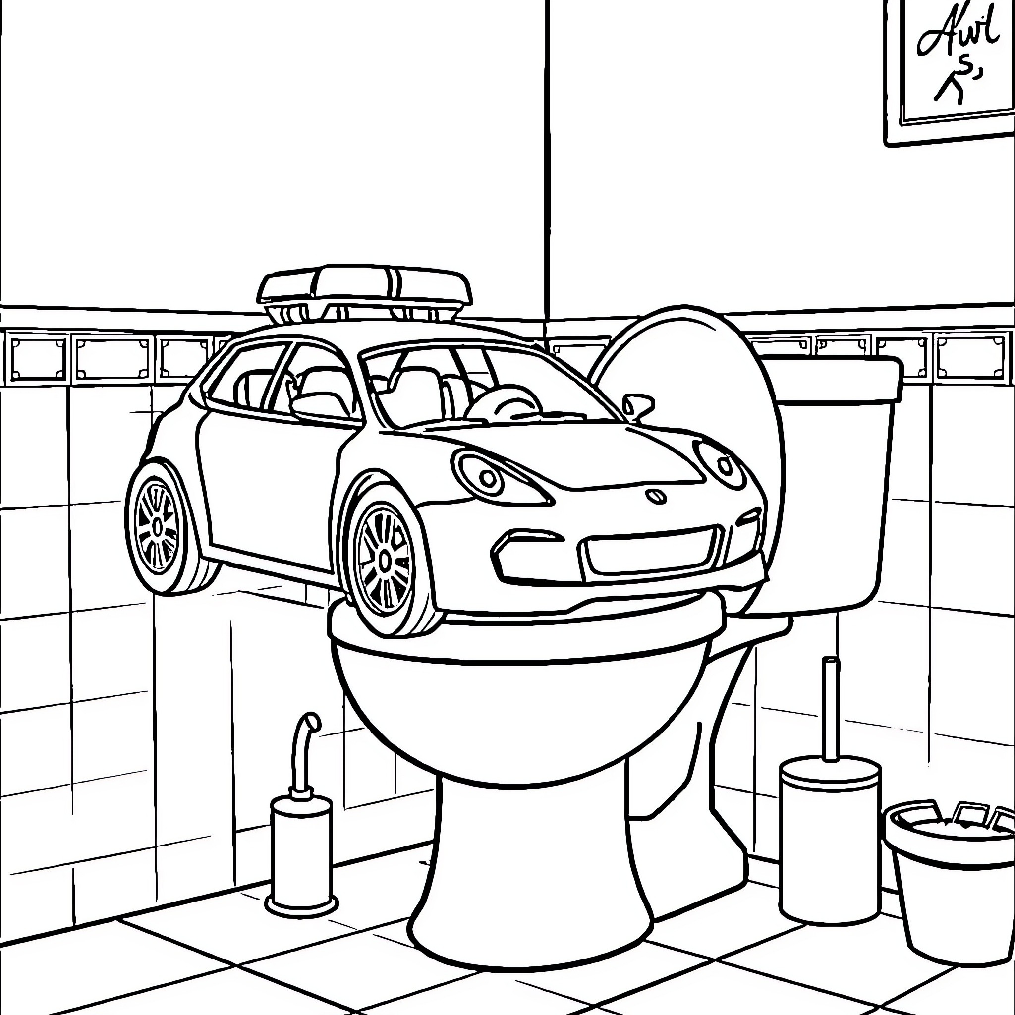 Car parked inside bathroom for repairs Coloring Page (free black-and-white line drawing printable PDF for all, from beginners to advanced learners, including children, teens, adults, and seniors)
